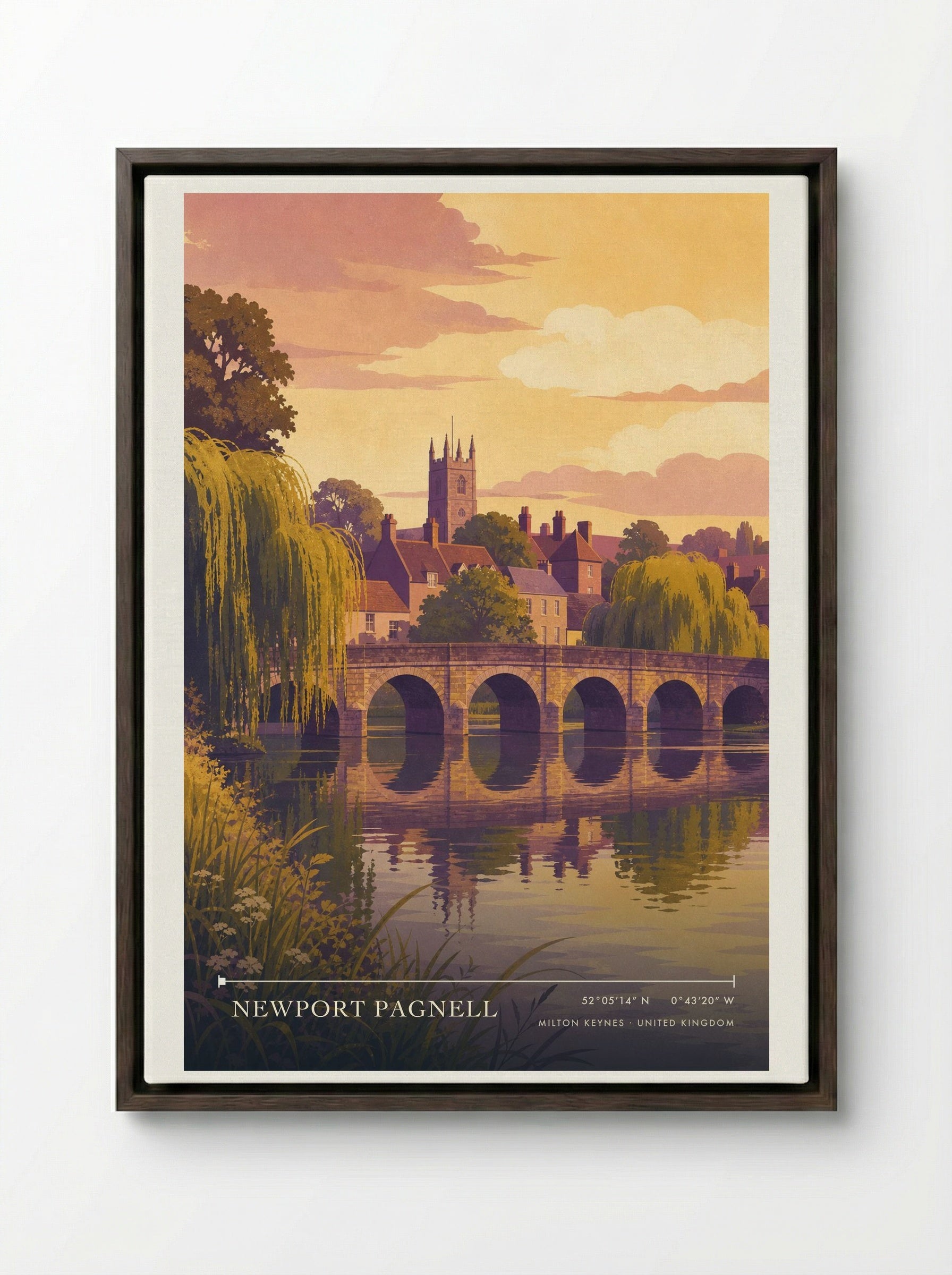 Newport Pagnell Milton Keynes United Kingdom Travel Poster - Framed Canvas Dark Wood