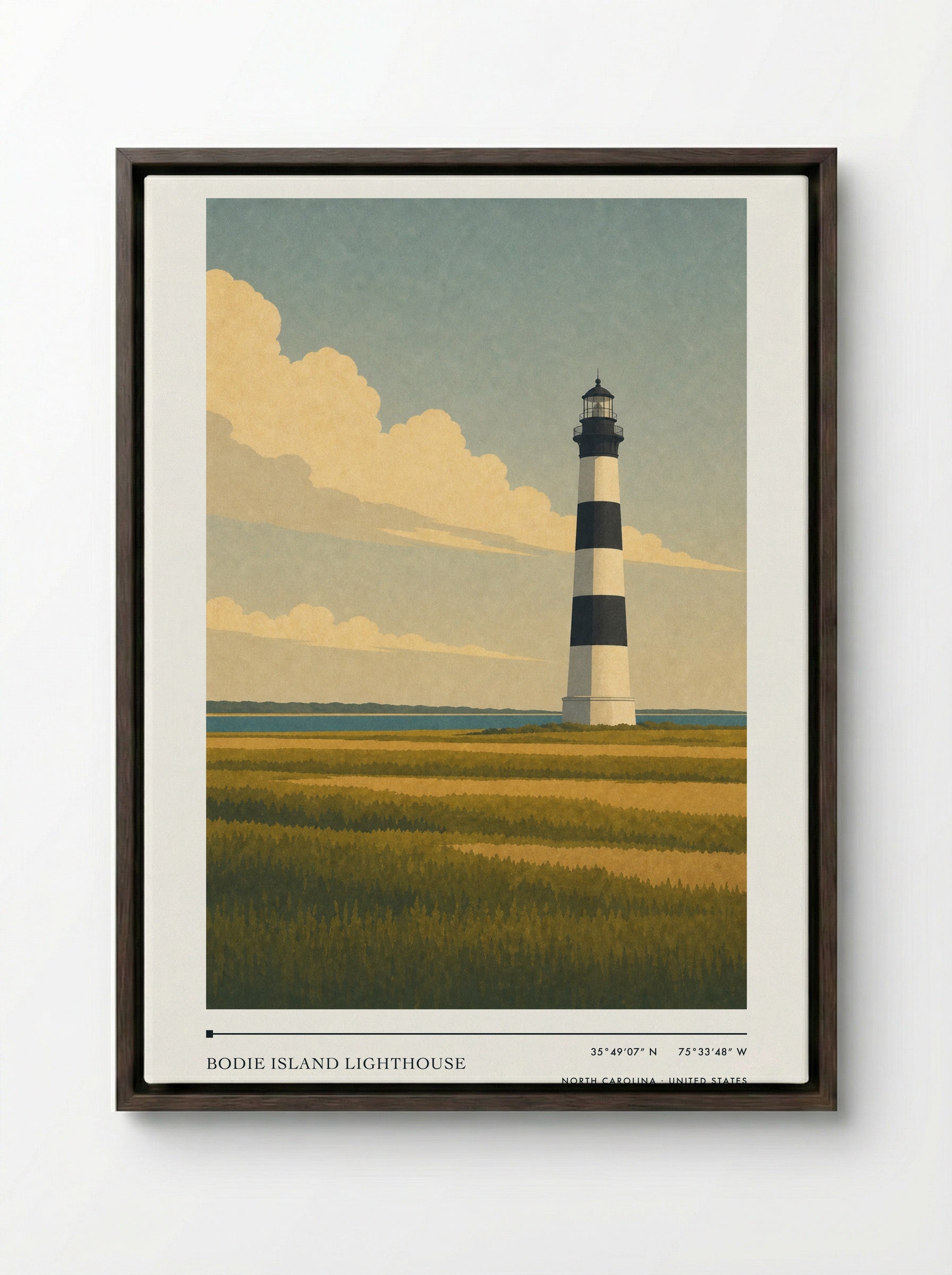 Bodie Island Lighthouse Travel Poster Artwork - Framed Canvas Dark Wood