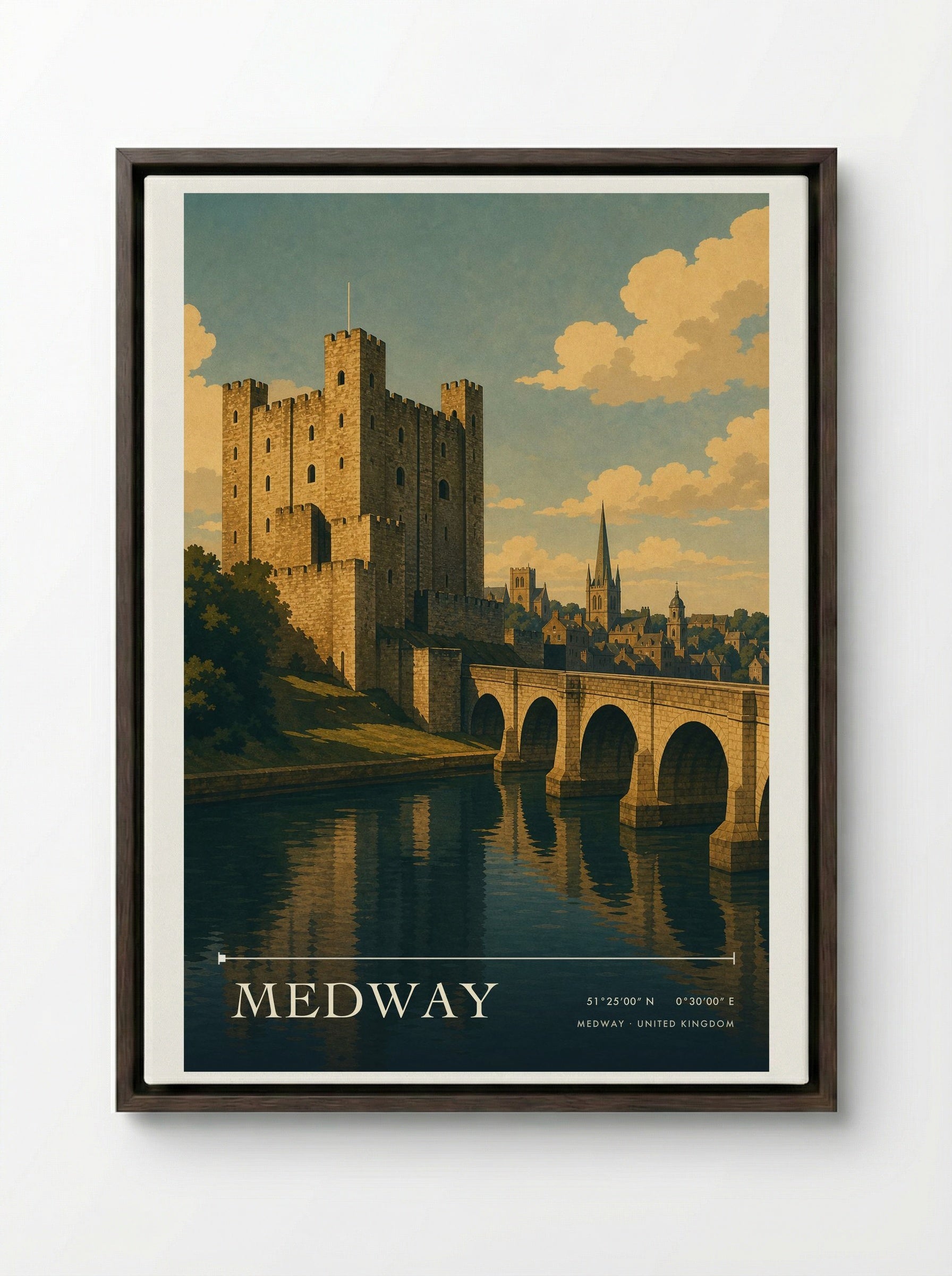 Medway United Kingdom Travel Poster - Framed Canvas Dark Wood