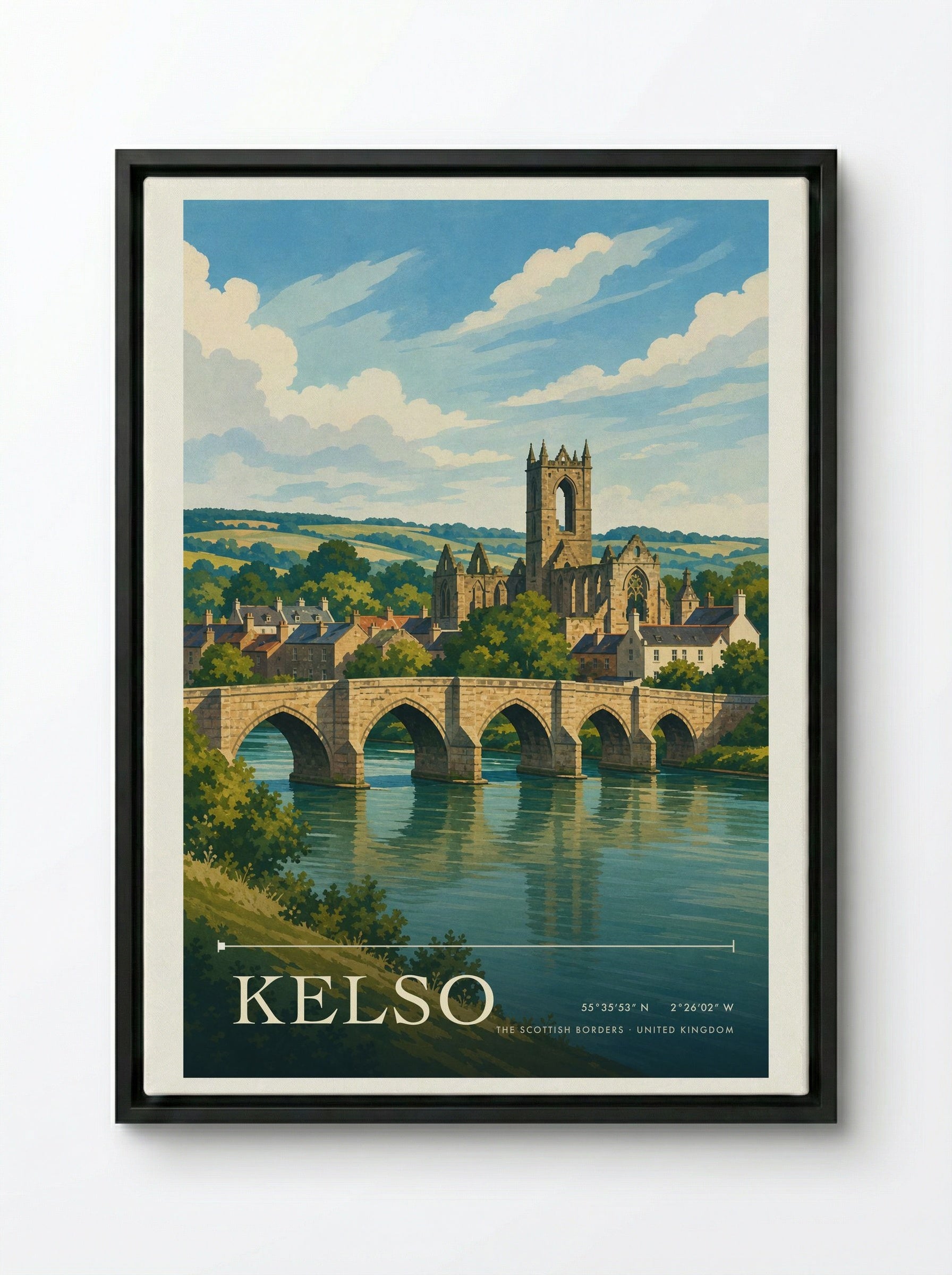 Kelso The Scottish Borders United Kingdom Travel Poster - Framed Canvas Black