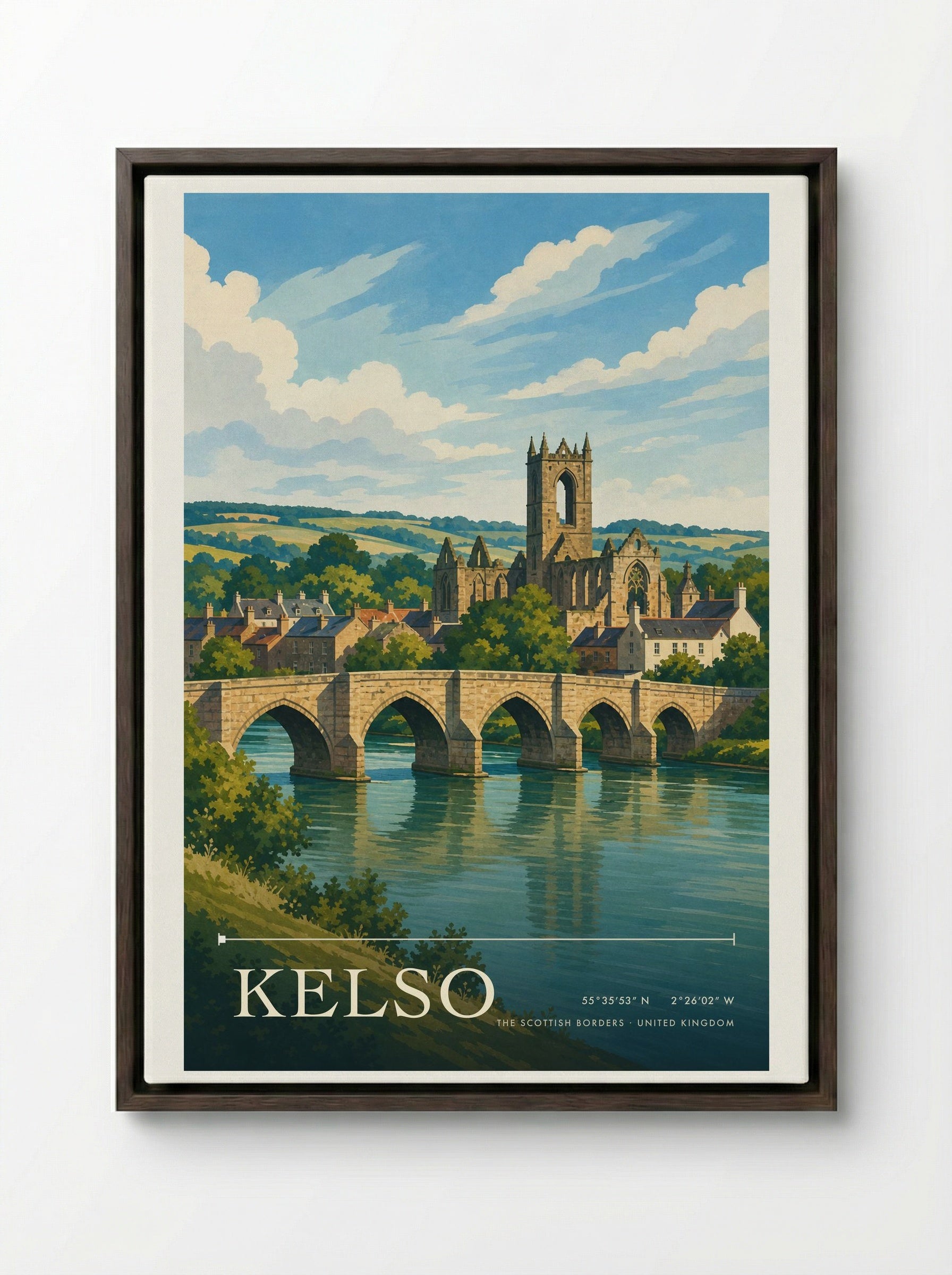 Kelso The Scottish Borders United Kingdom Travel Poster - Framed Canvas Dark Wood