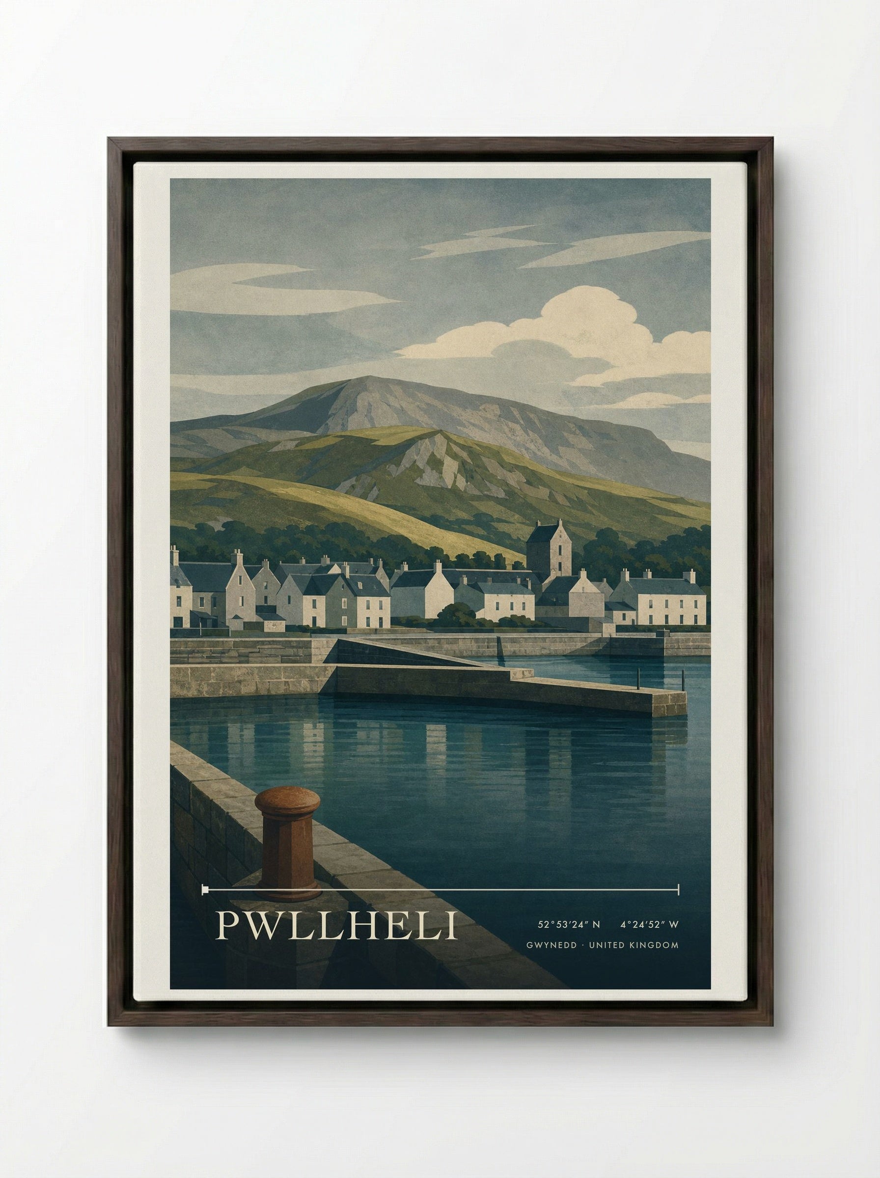 Pwllheli Gwynedd United Kingdom Travel Poster - Framed Canvas Dark Wood