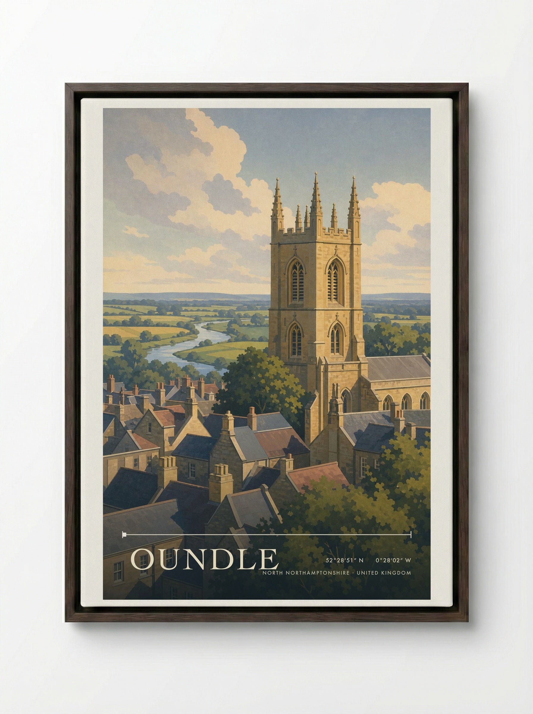 Oundle North Northamptonshire United Kingdom Travel Poster - Framed Canvas Dark Wood