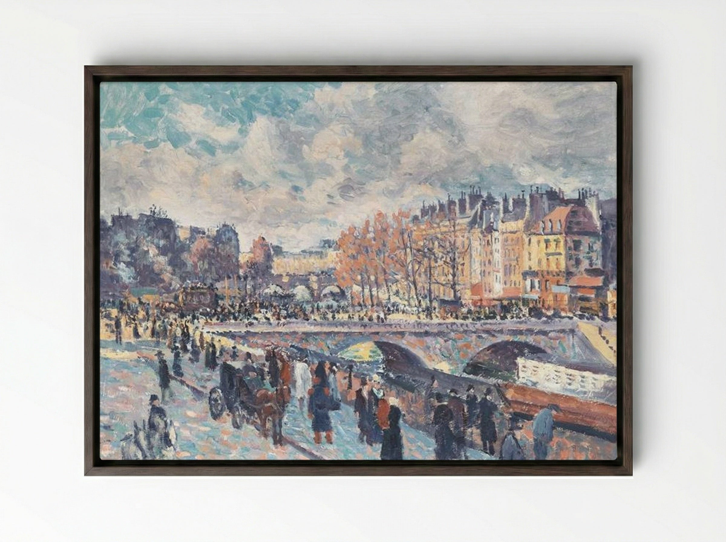Seinequai in Paris - Maximilien Luce - Framed Canvas Dark Wood
