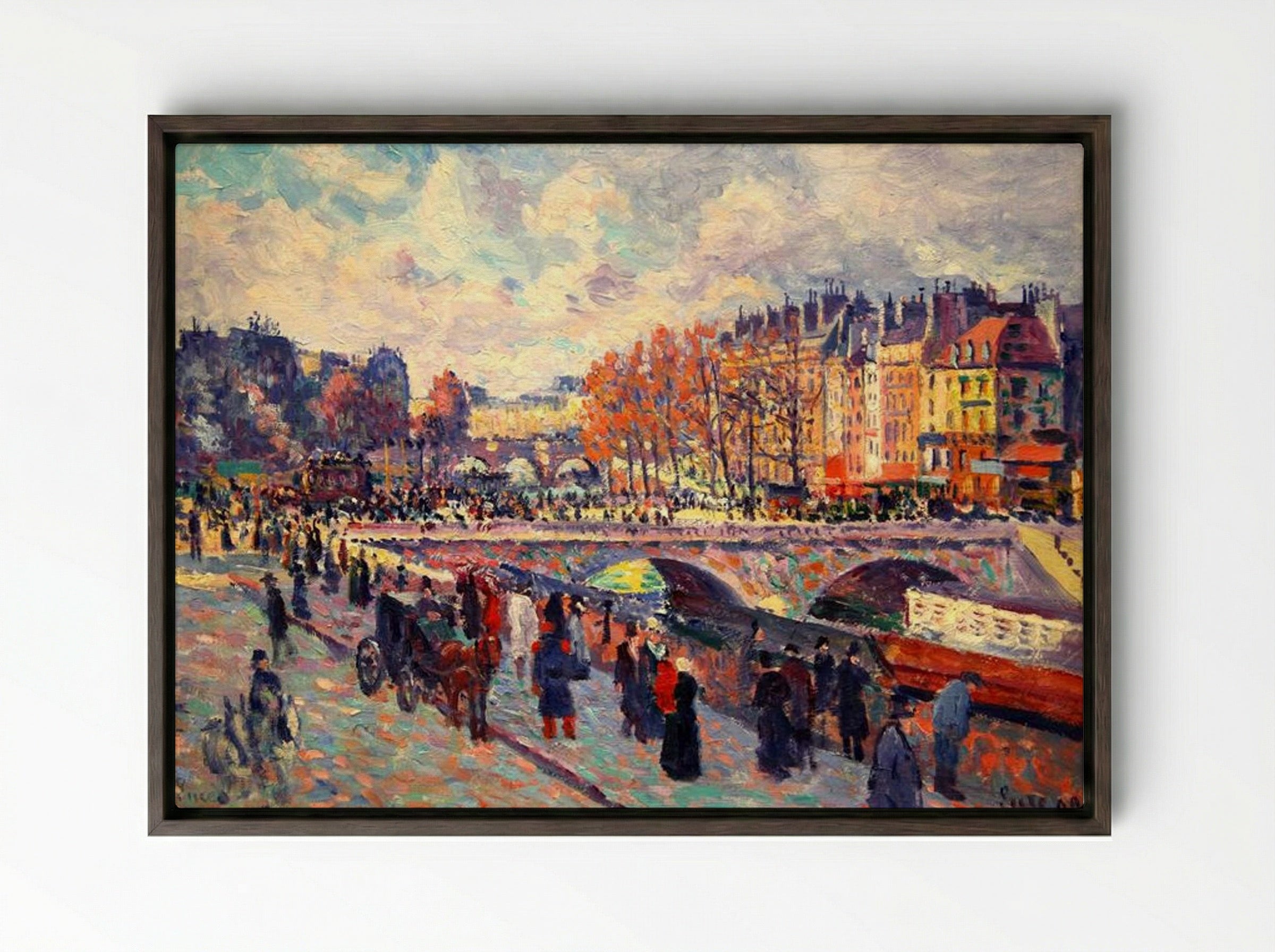 Quayside by the Seine in Paris - Maximilien Luce - Framed Canvas Dark Wood