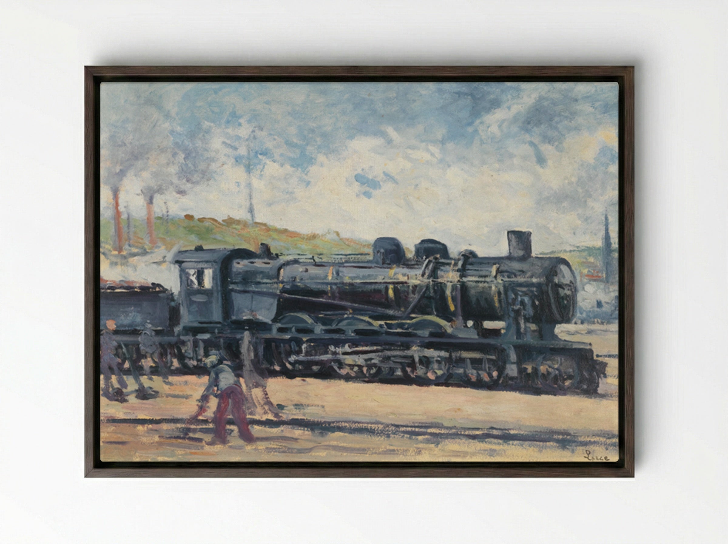 La Locomotive, Environs De Charleroi - Maximilien Luce - Framed Canvas Dark Wood