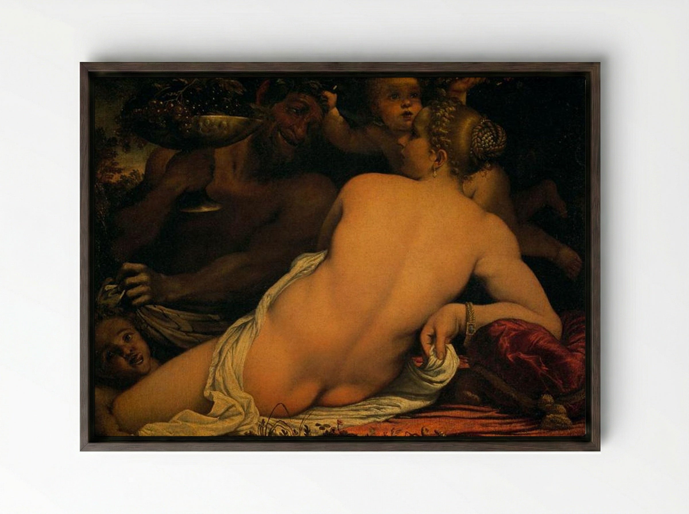 Venus with a Satyr and Cupids - Annibale Carracci - Framed Canvas Dark Wood