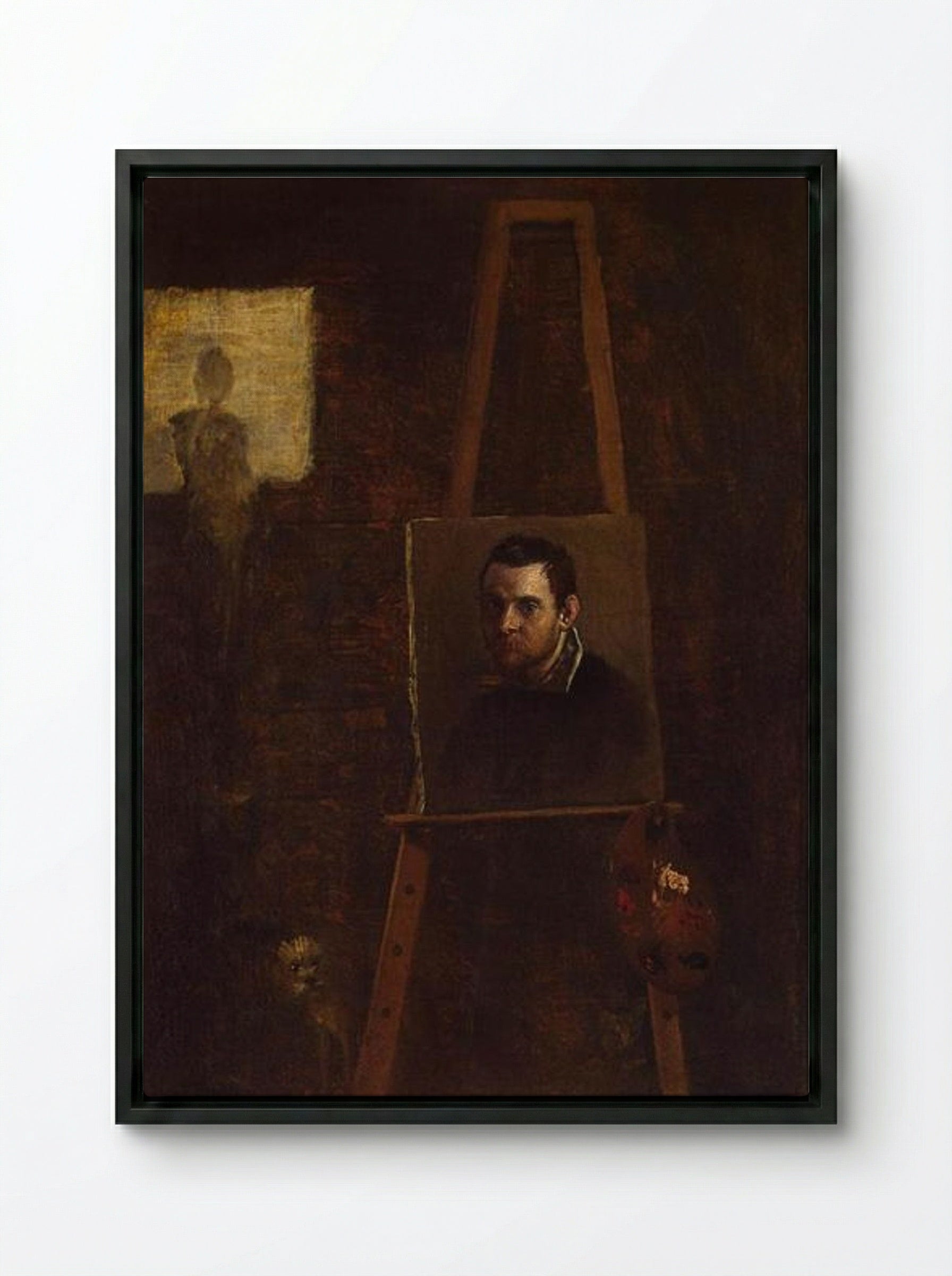 Self-portrait on an Easel in a Workshop - Annibale Carracci - Framed Canvas Black