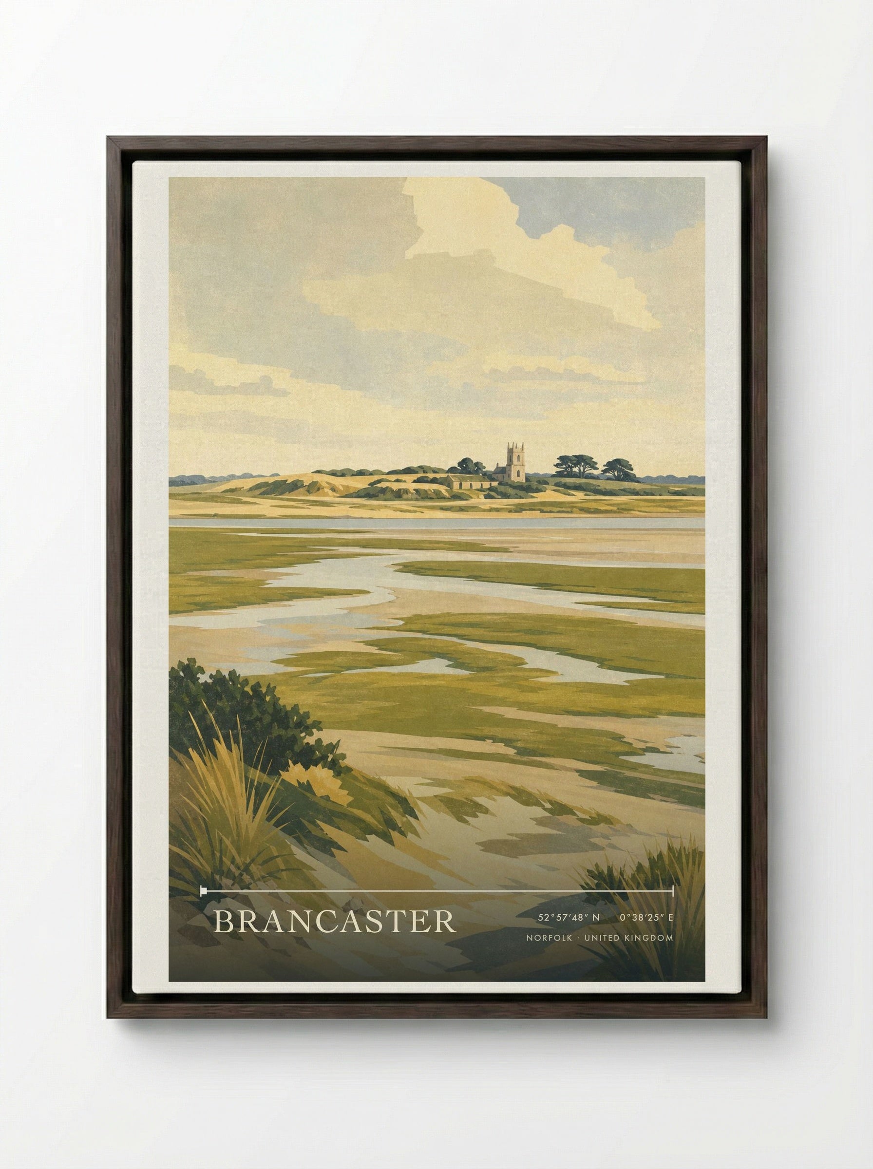 Brancaster Norfolk United Kingdom Travel Poster - Framed Canvas Dark Wood
