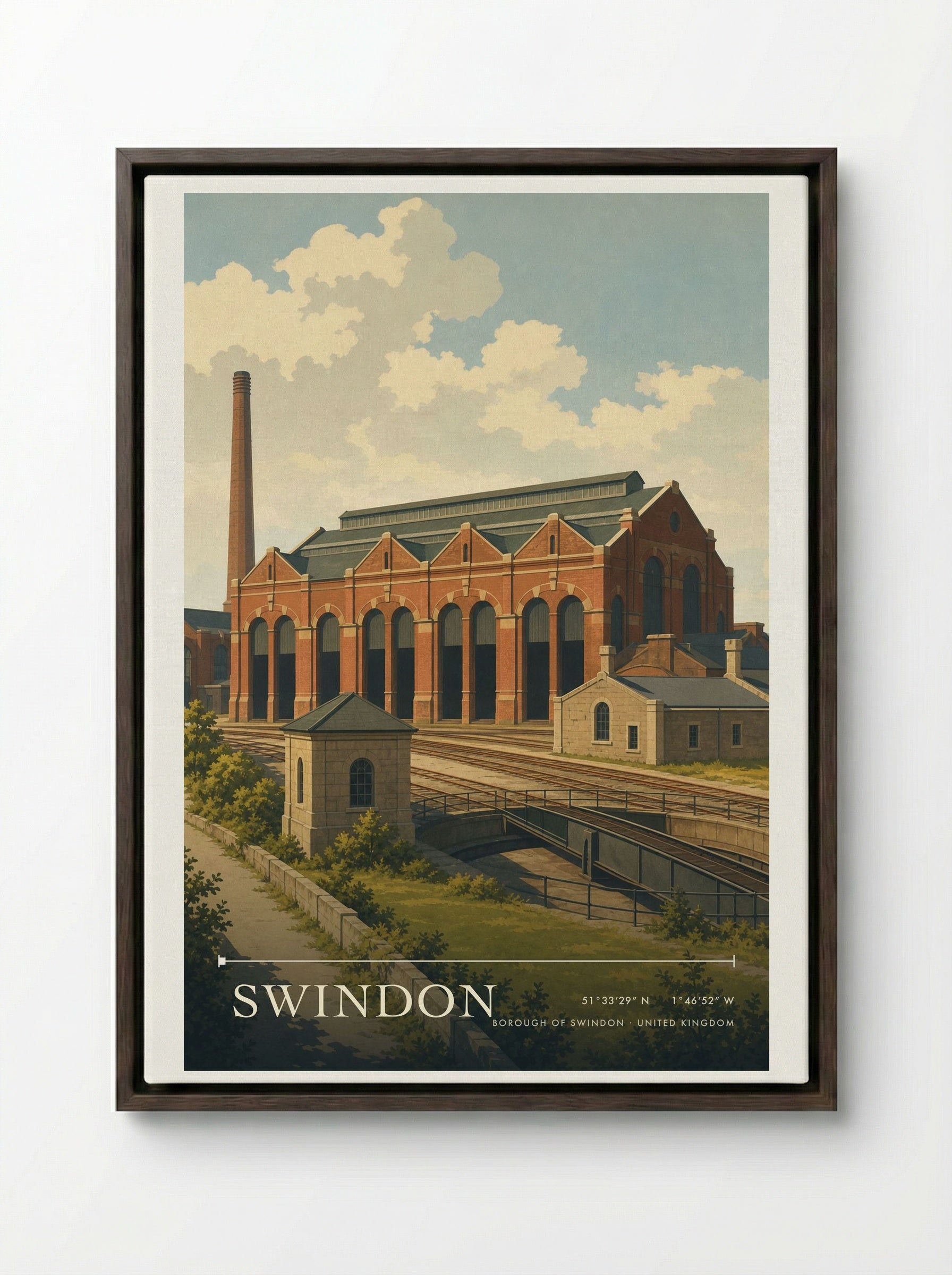Swindon Borough of Swindon United Kingdom Travel Poster - Framed Canvas Dark Wood