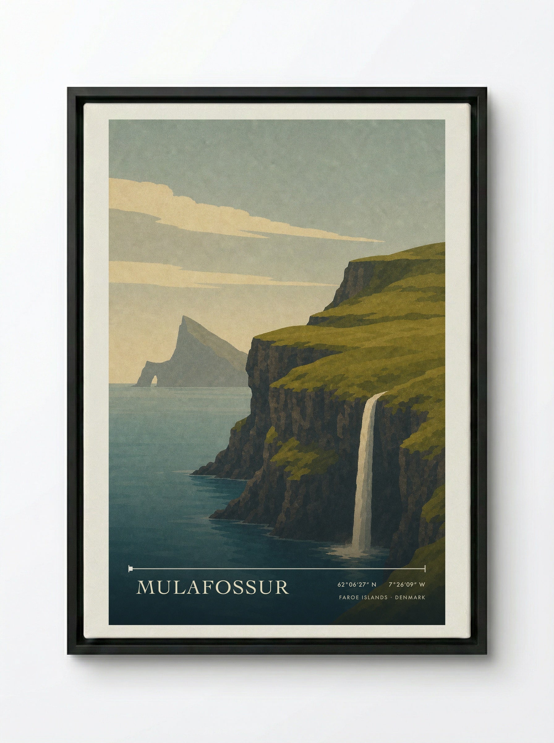 Mulafossur Travel Poster Artwork - Framed Canvas Black
