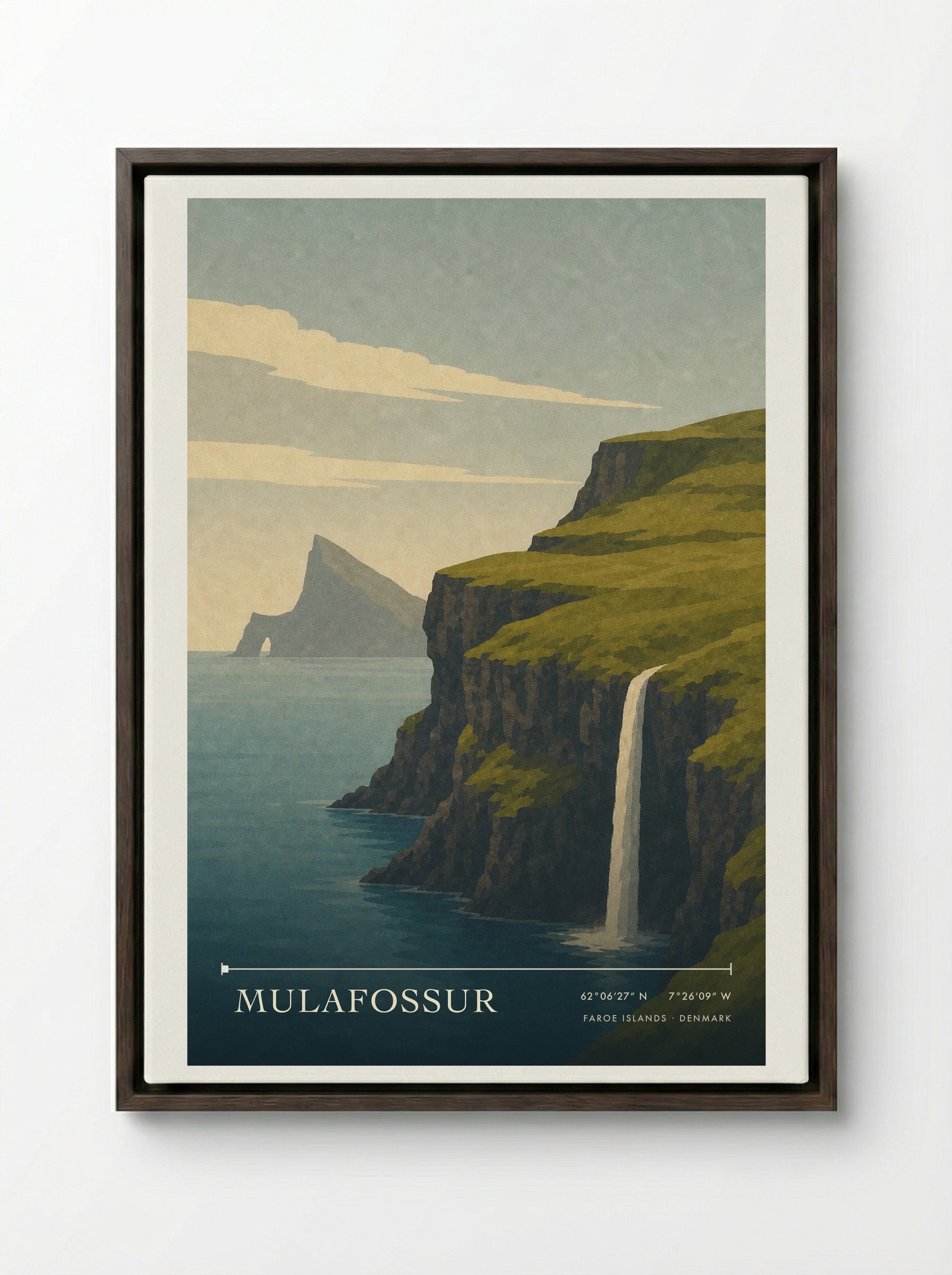Mulafossur Travel Poster Artwork - Framed Canvas Dark Wood