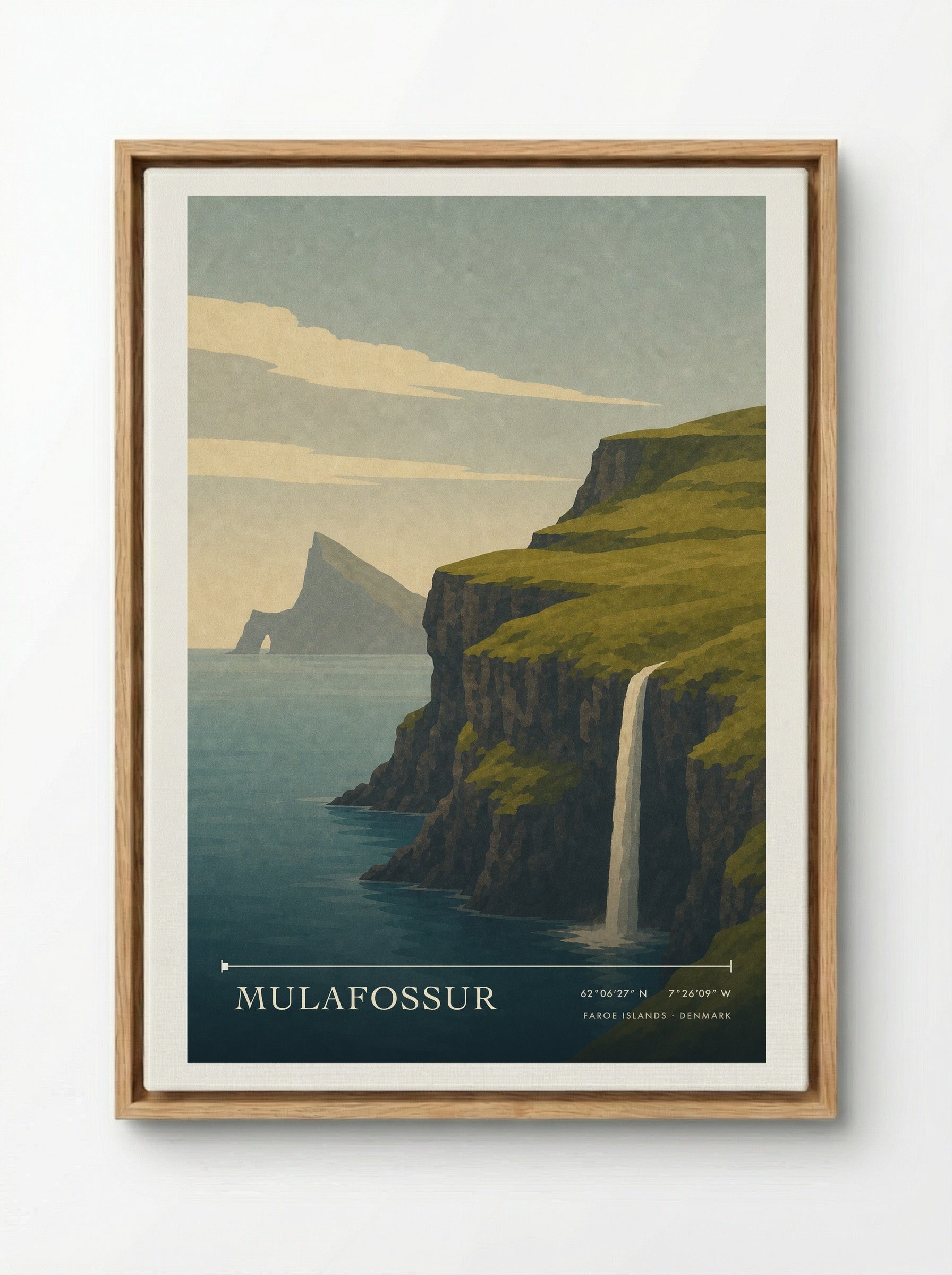 Mulafossur Travel Poster Artwork - Framed Canvas Wood