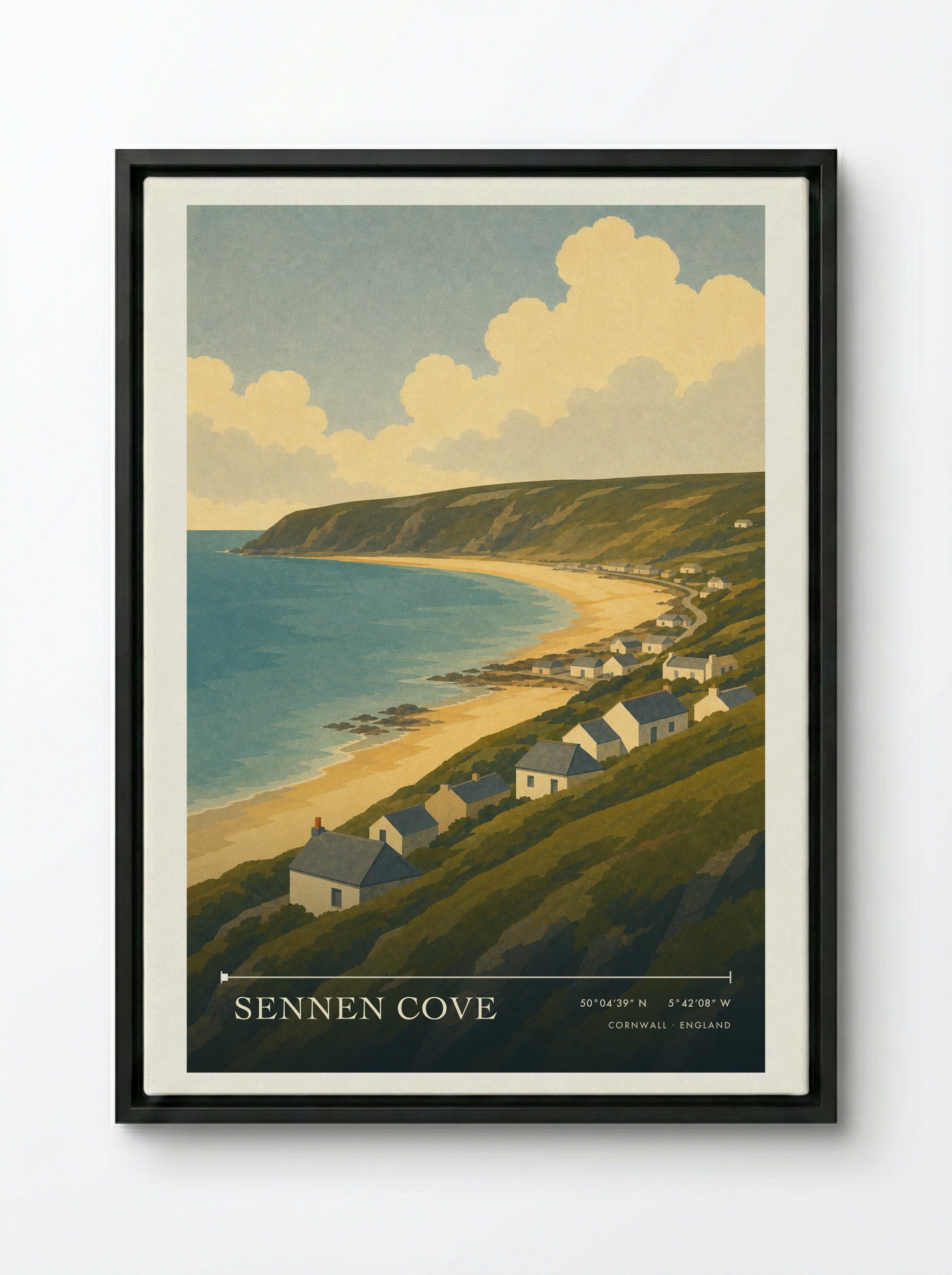 Sennen Cove Cornwall Travel Poster - Framed Canvas Black
