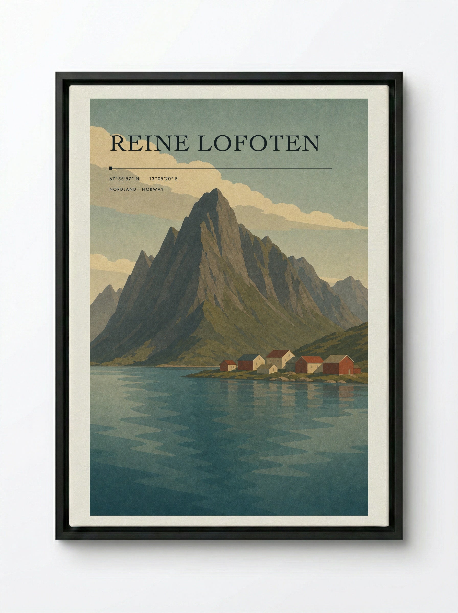 Reine Lofoten Travel Poster Artwork - Framed Canvas Black