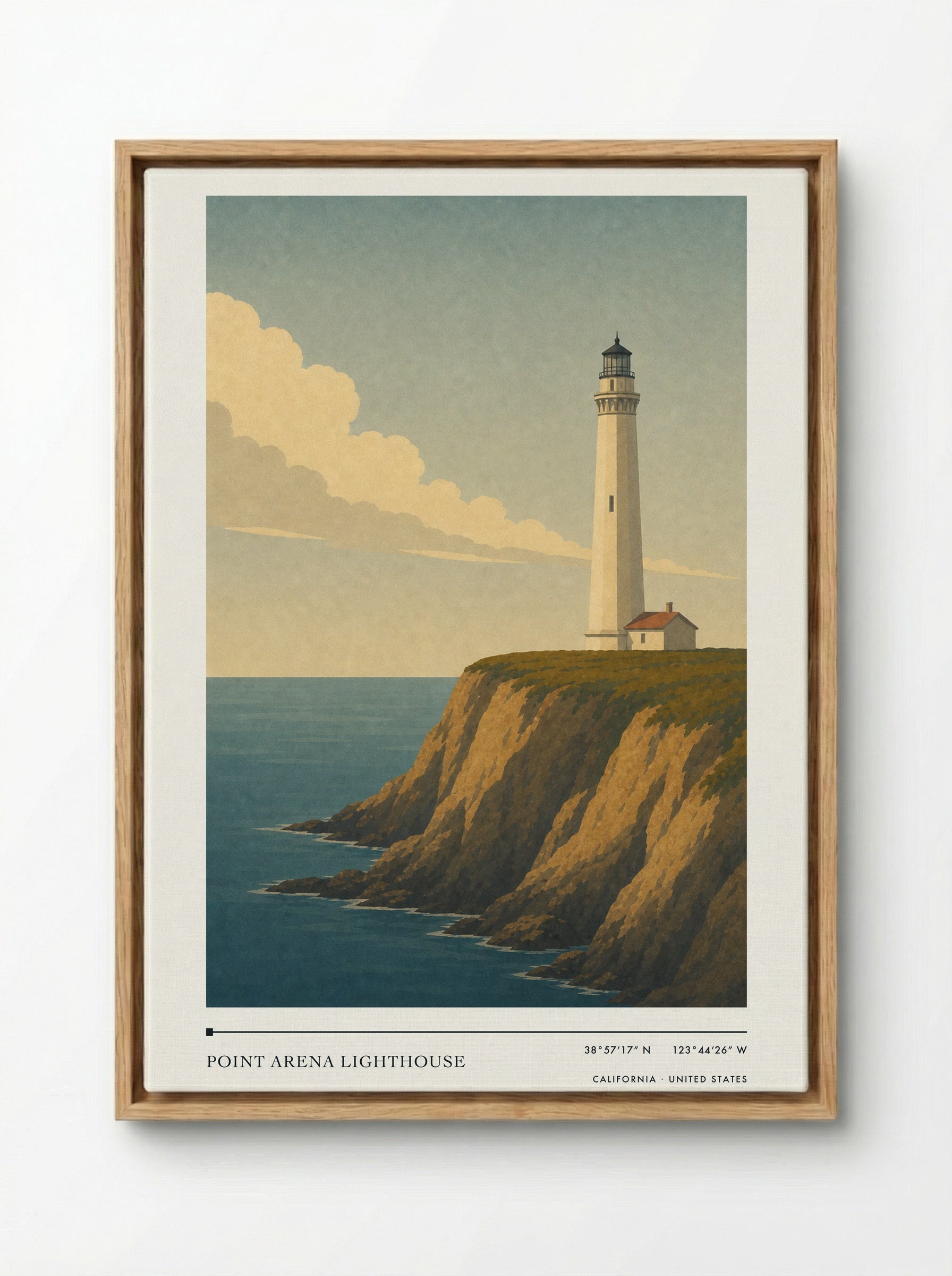Point Arena Lighthouse Travel Poster Artwork - Framed Canvas Wood