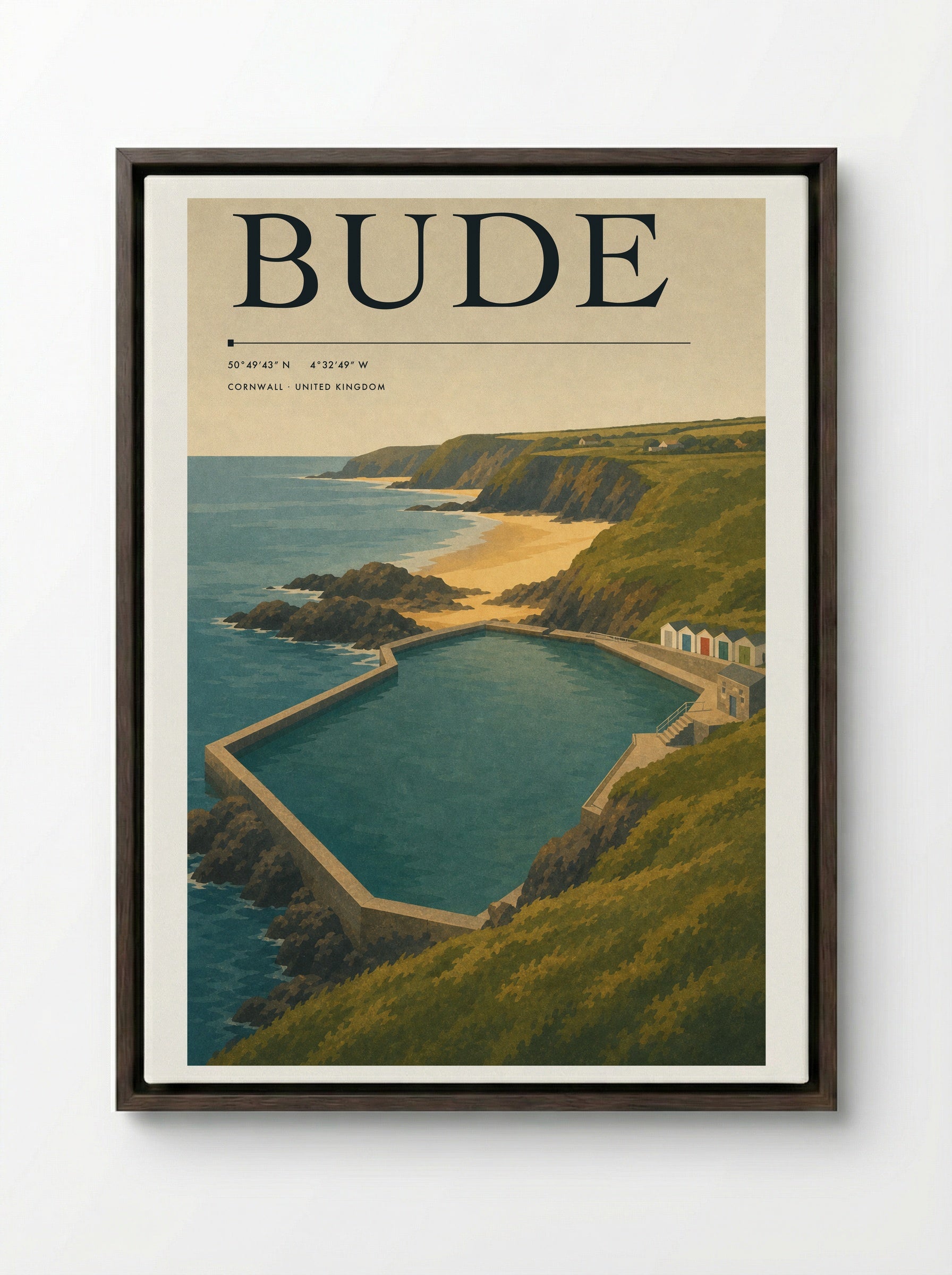 Bude Cornwall Travel Poster - Framed Canvas Dark Wood
