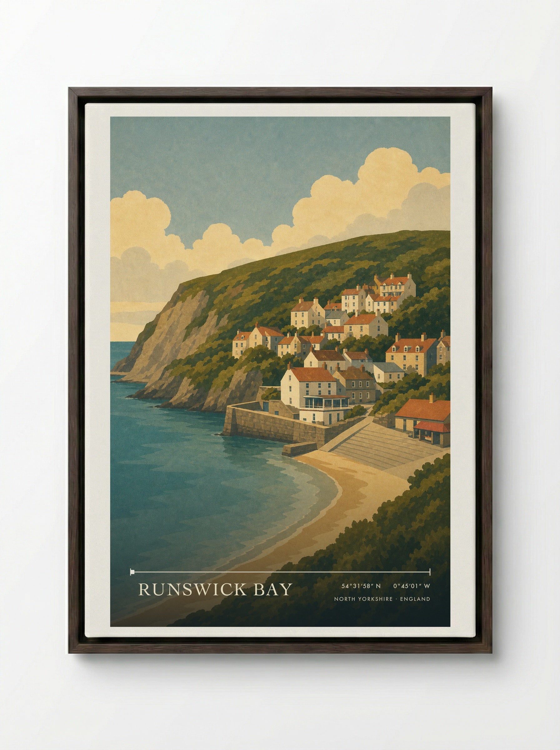Runswick Bay Yorkshire Travel Poster - Framed Canvas Dark Wood