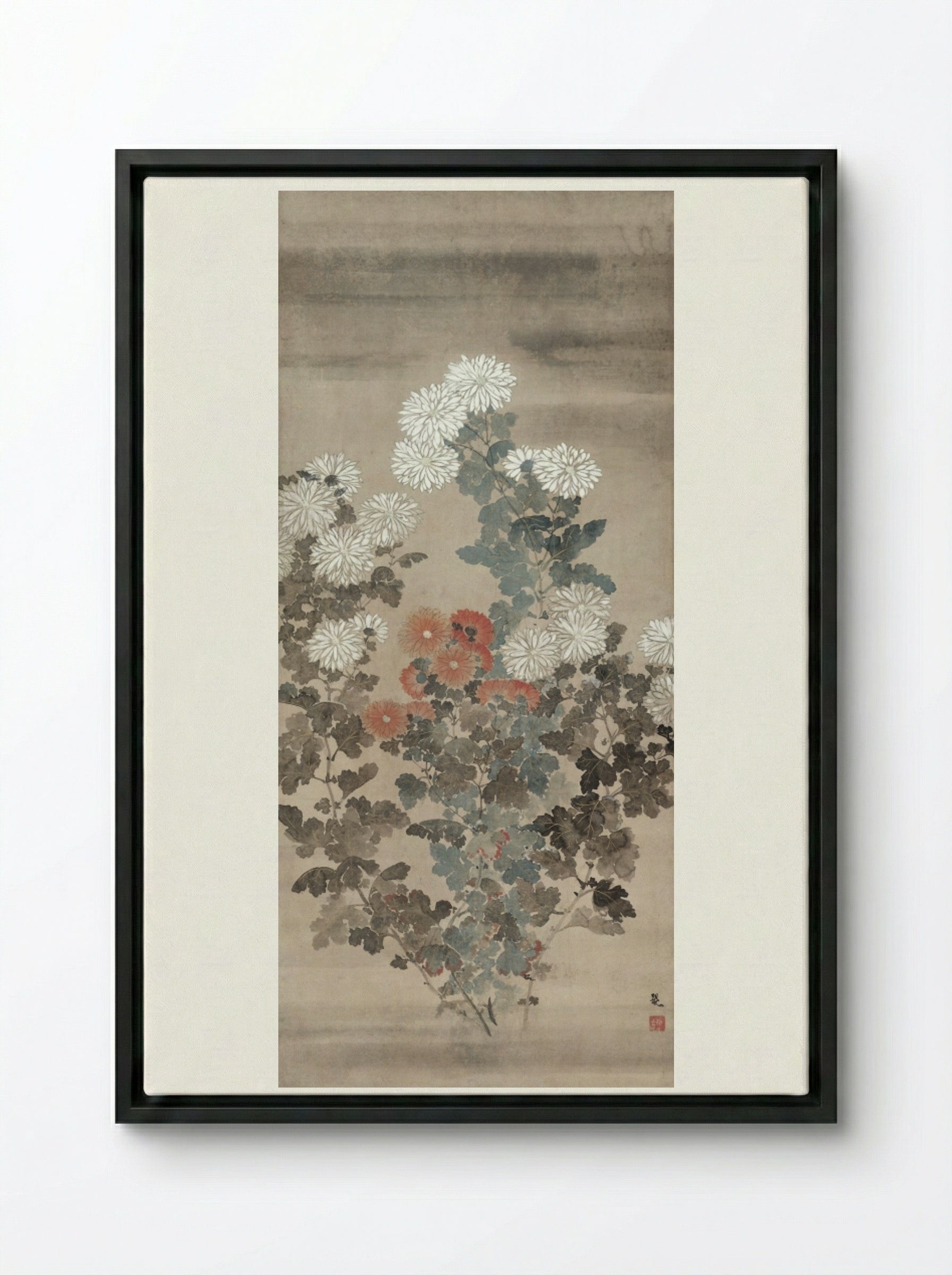 Chrysanthemums - Kitagawa Sōsetsu - Framed Canvas Black