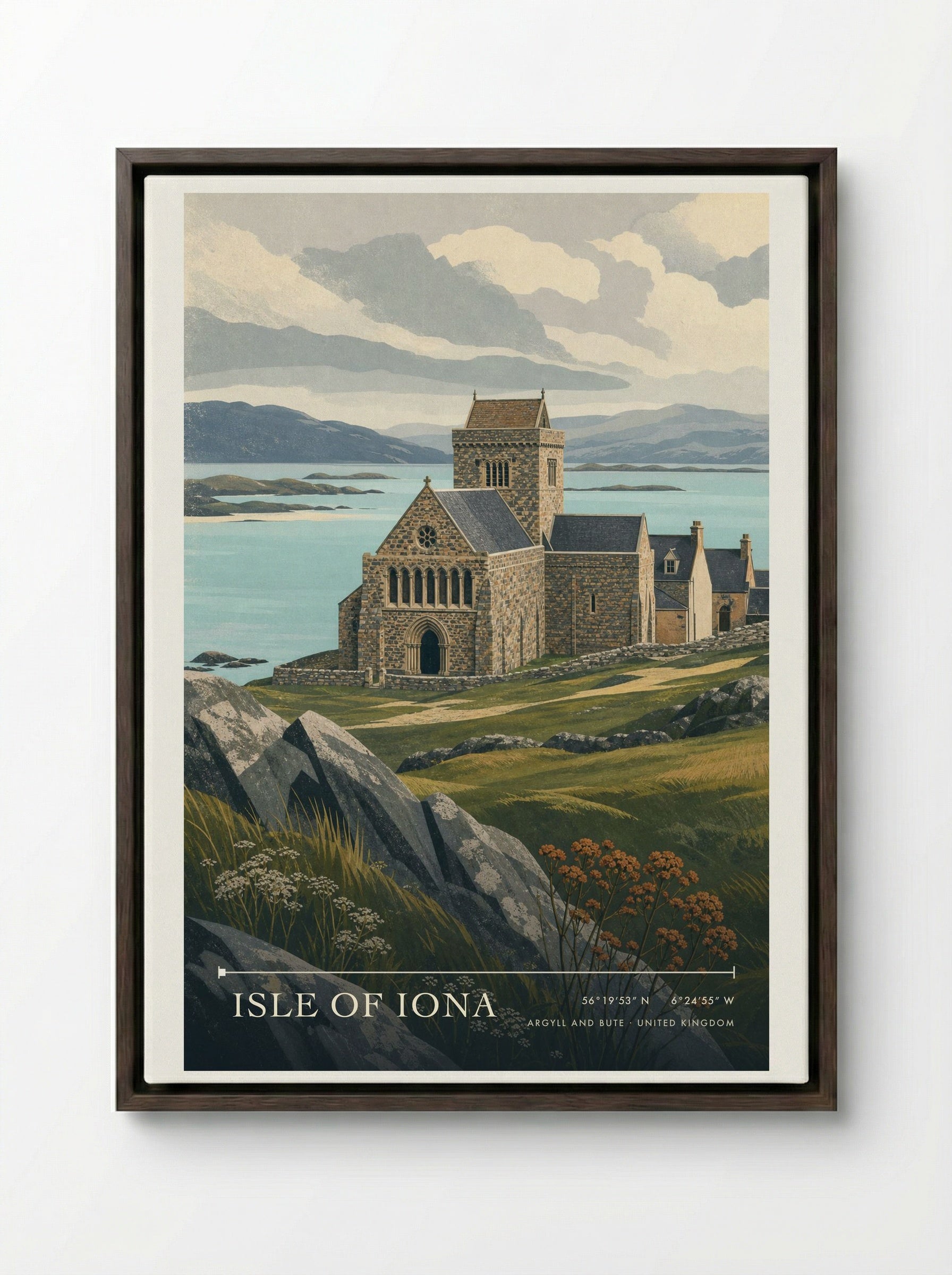 Isle of Iona Argyll and Bute United Kingdom Travel Poster - Framed Canvas Dark Wood