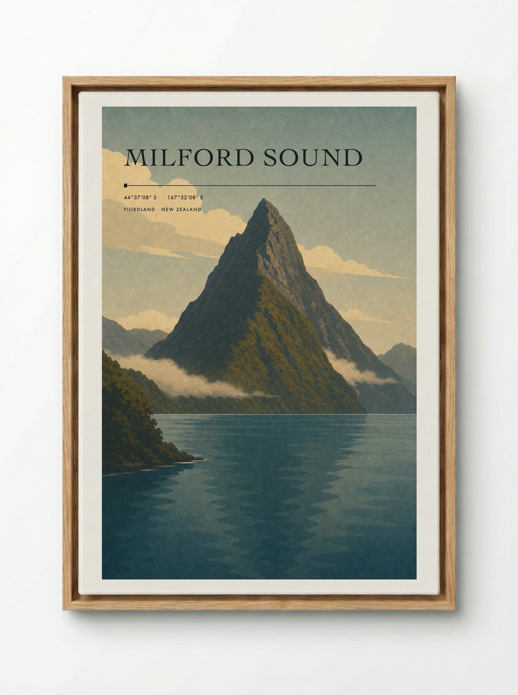 Milford Sound Travel Poster Artwork - Framed Canvas Wood
