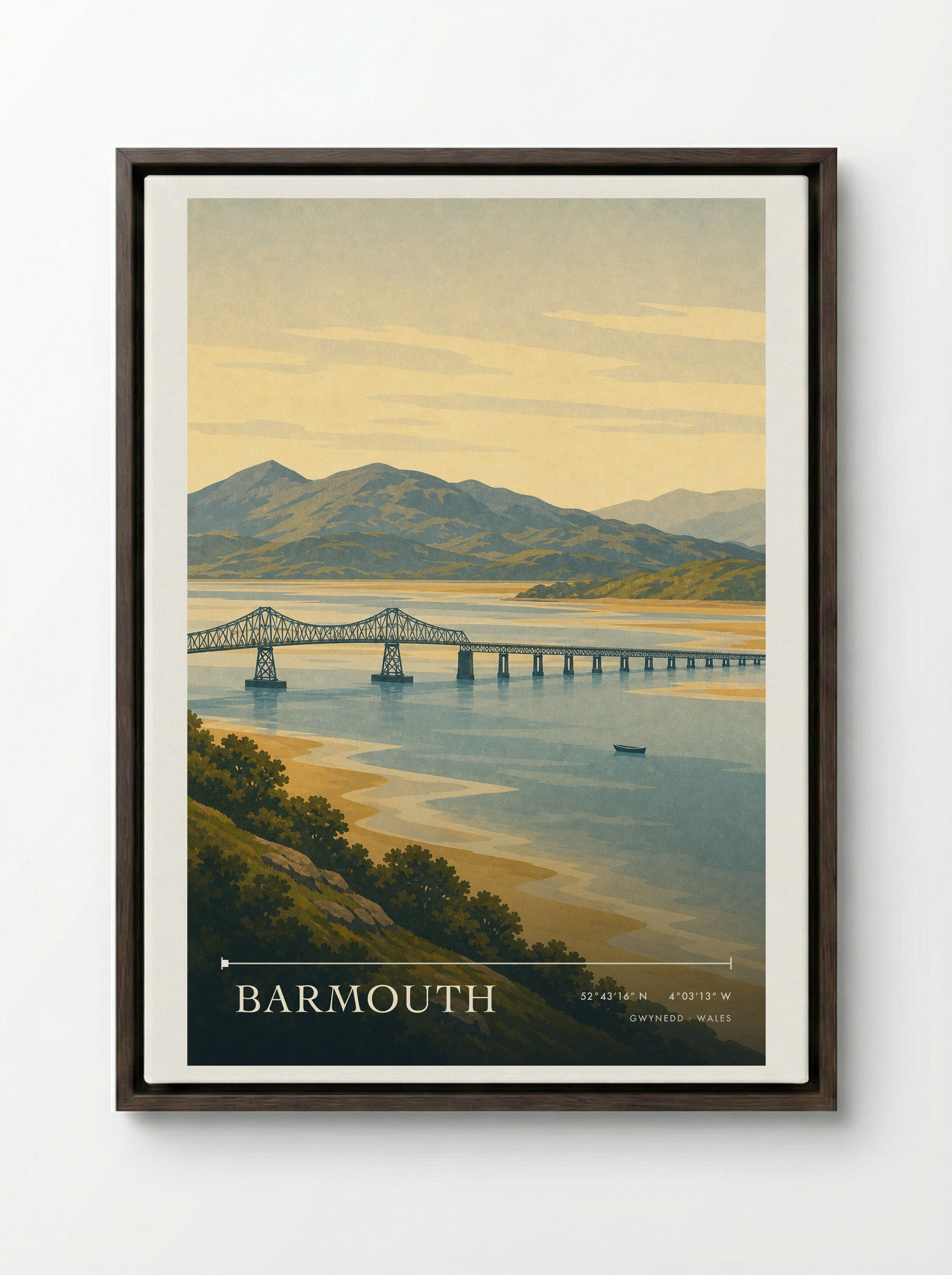 Barmouth Travel Poster Artwork - Framed Canvas Dark Wood
