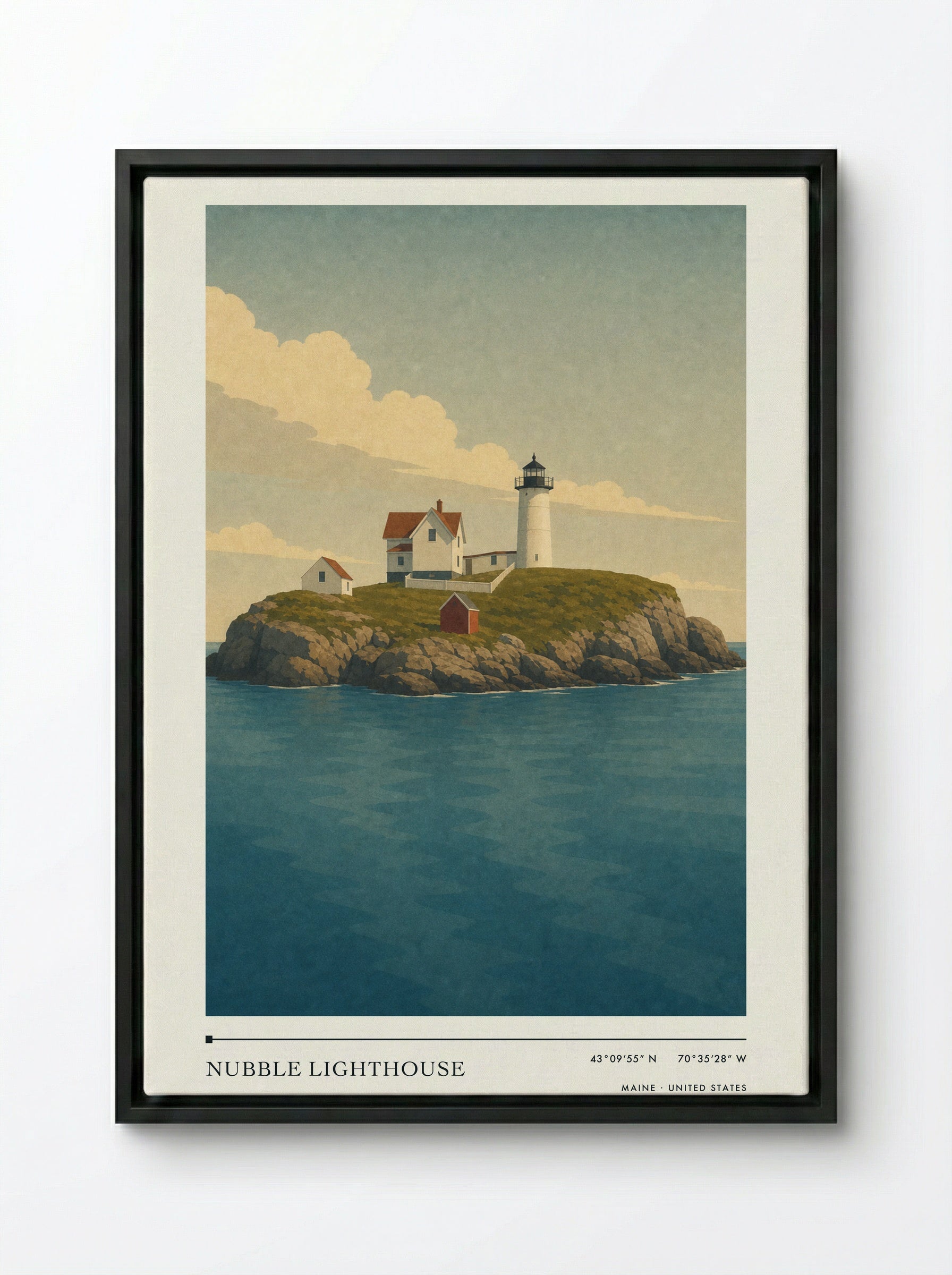 Nubble Lighthouse Travel Poster Artwork - Framed Canvas Black