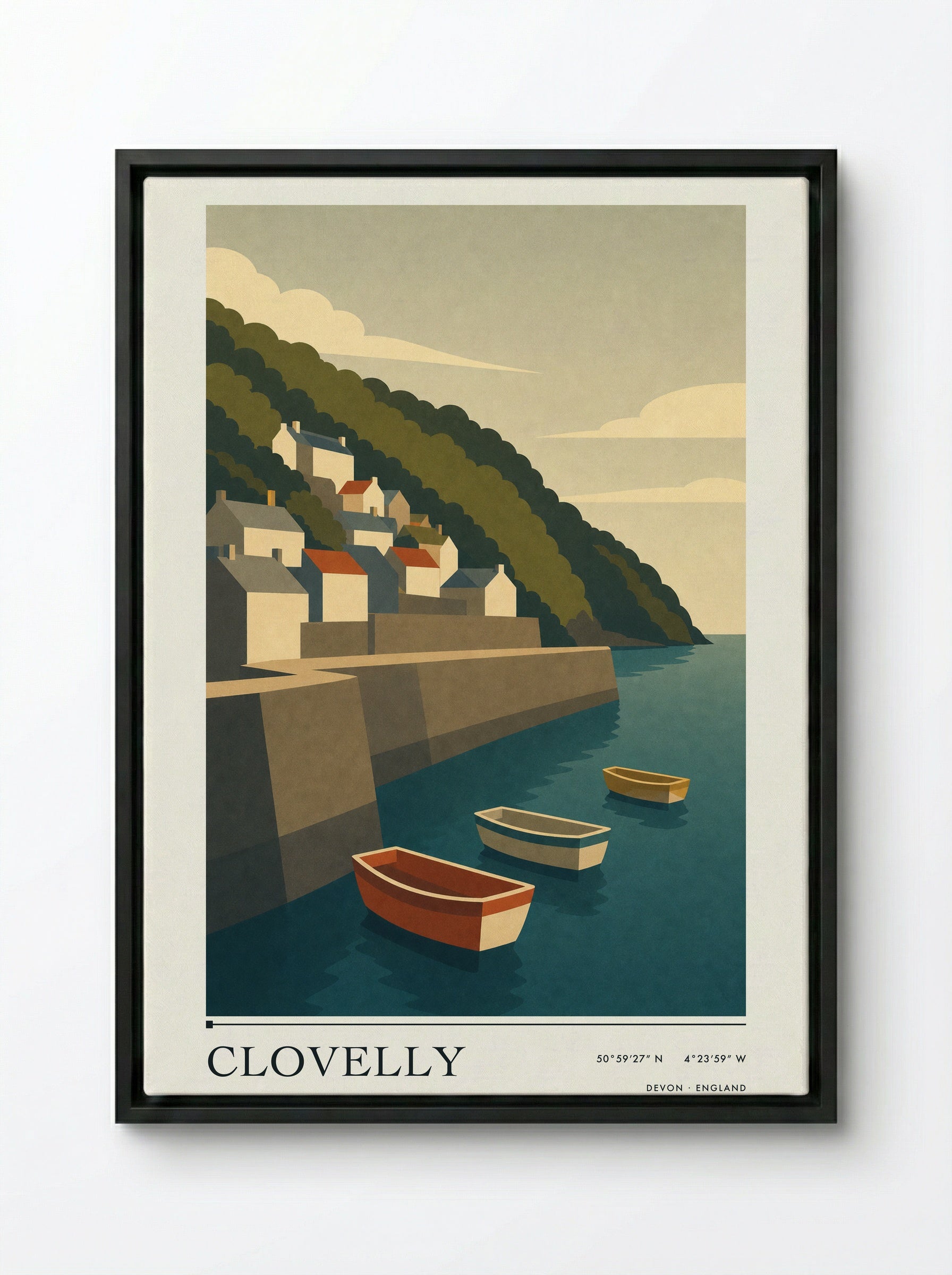 Clovelly Devon Travel Poster - Framed Canvas Black