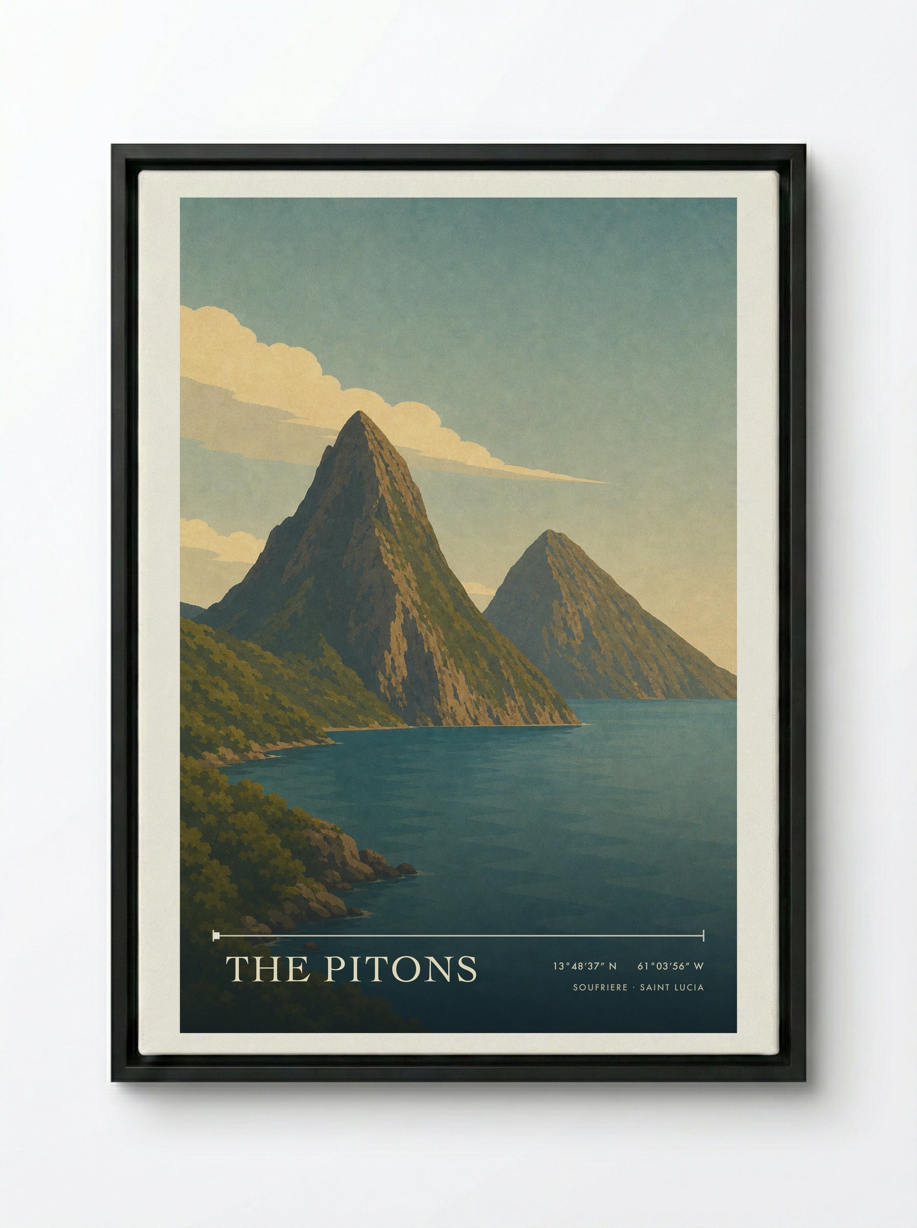 The Pitons Travel Poster Artwork - Framed Canvas Black