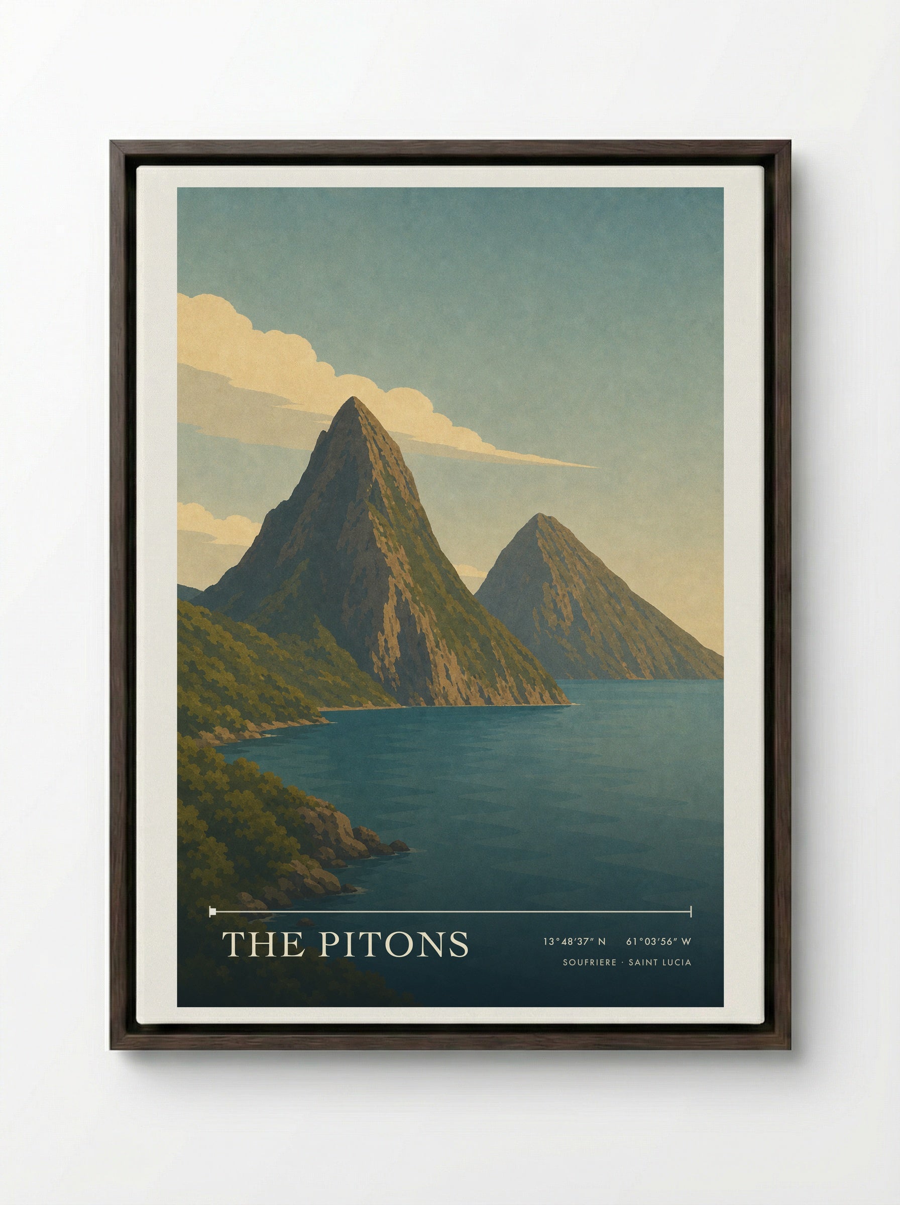 The Pitons Travel Poster Artwork - Framed Canvas Dark Wood