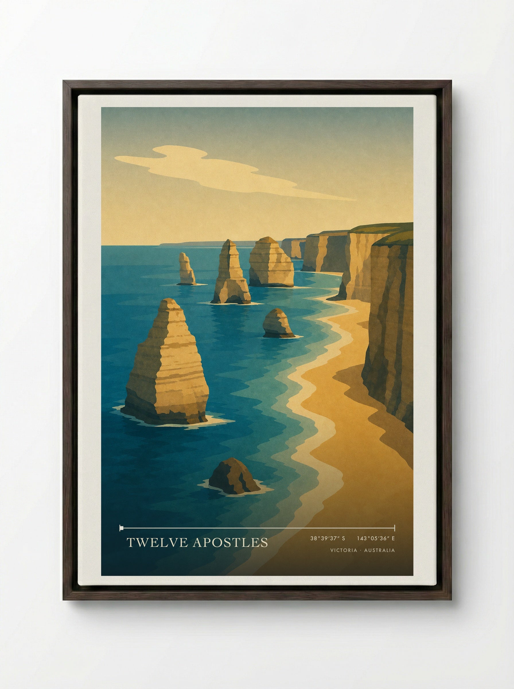 Twelve Apostles Travel Poster Artwork - Framed Canvas Dark Wood