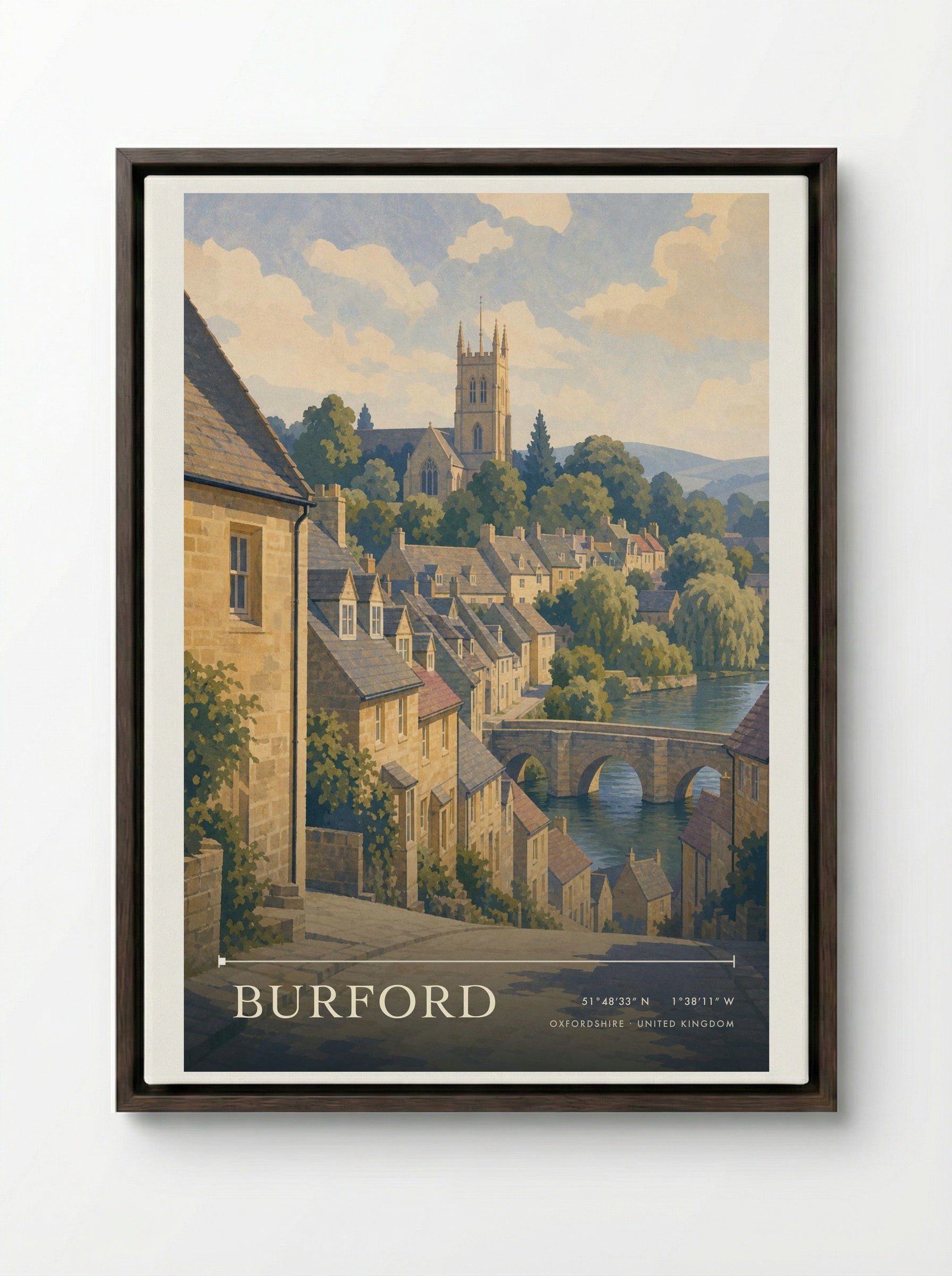 Burford Oxfordshire United Kingdom Travel Poster - Framed Canvas Dark Wood