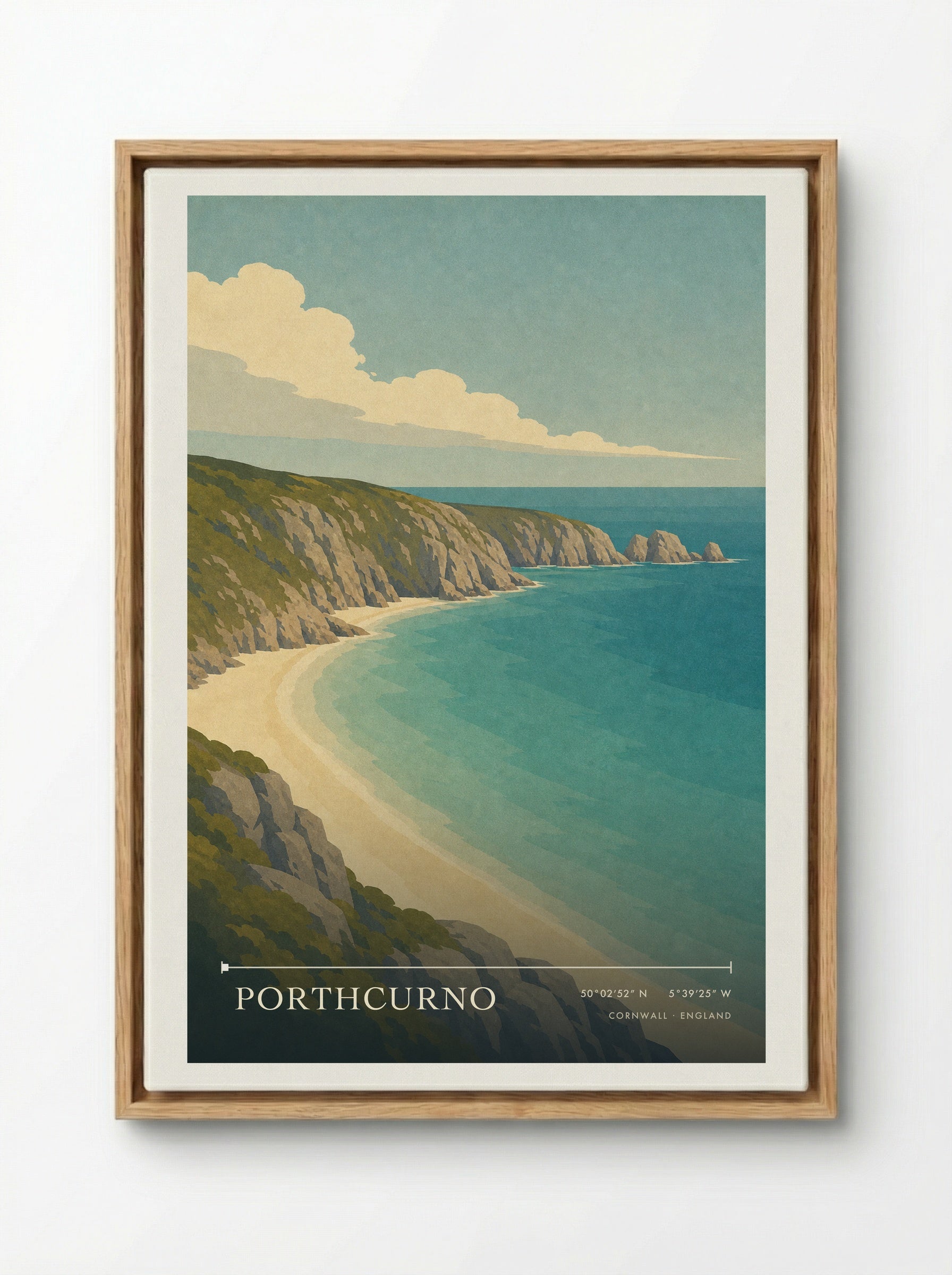 Porthcurno Travel Poster Artwork - Framed Canvas Wood