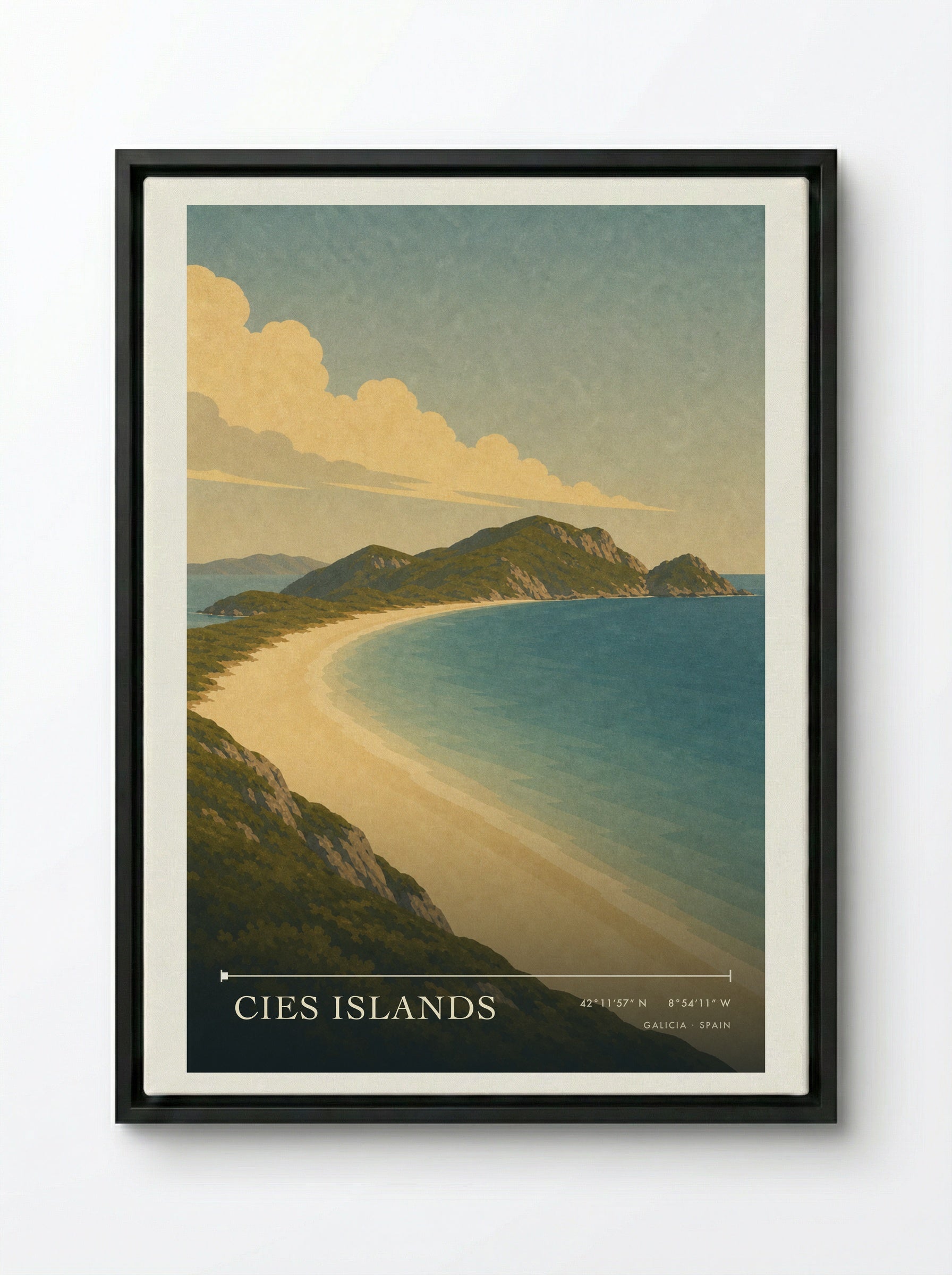 Cies Islands Travel Poster Artwork - Framed Canvas Black