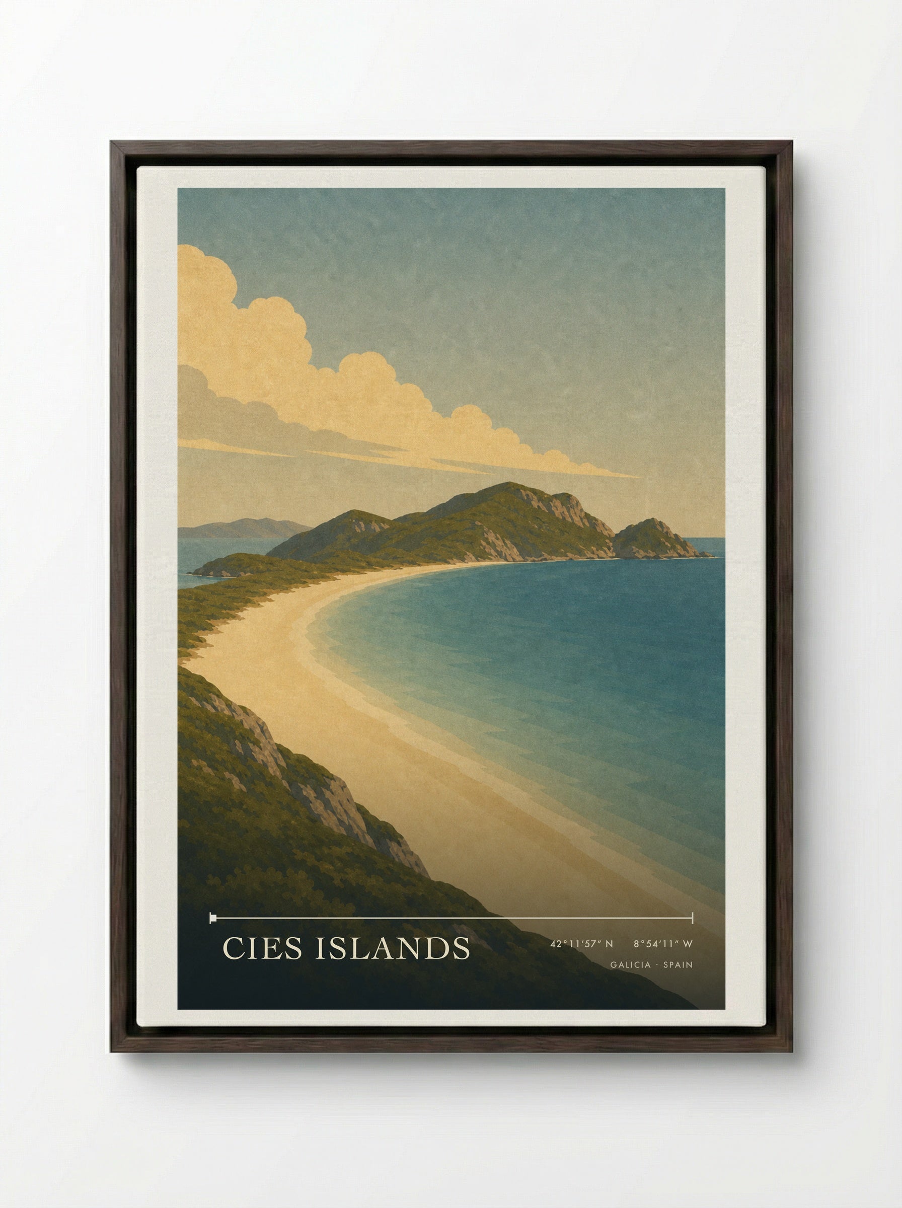 Cies Islands Travel Poster Artwork - Framed Canvas Dark Wood