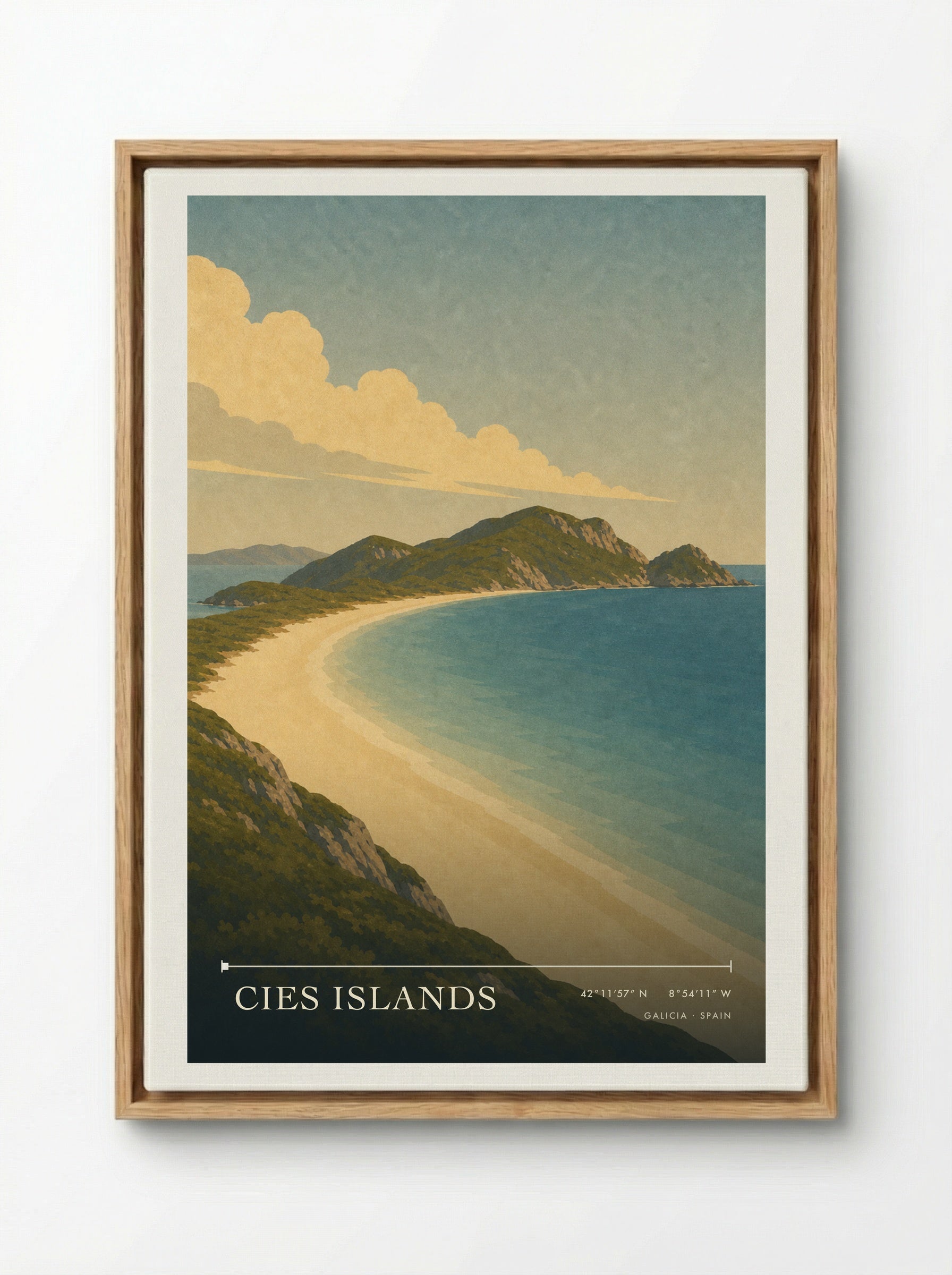 Cies Islands Travel Poster Artwork - Framed Canvas Wood