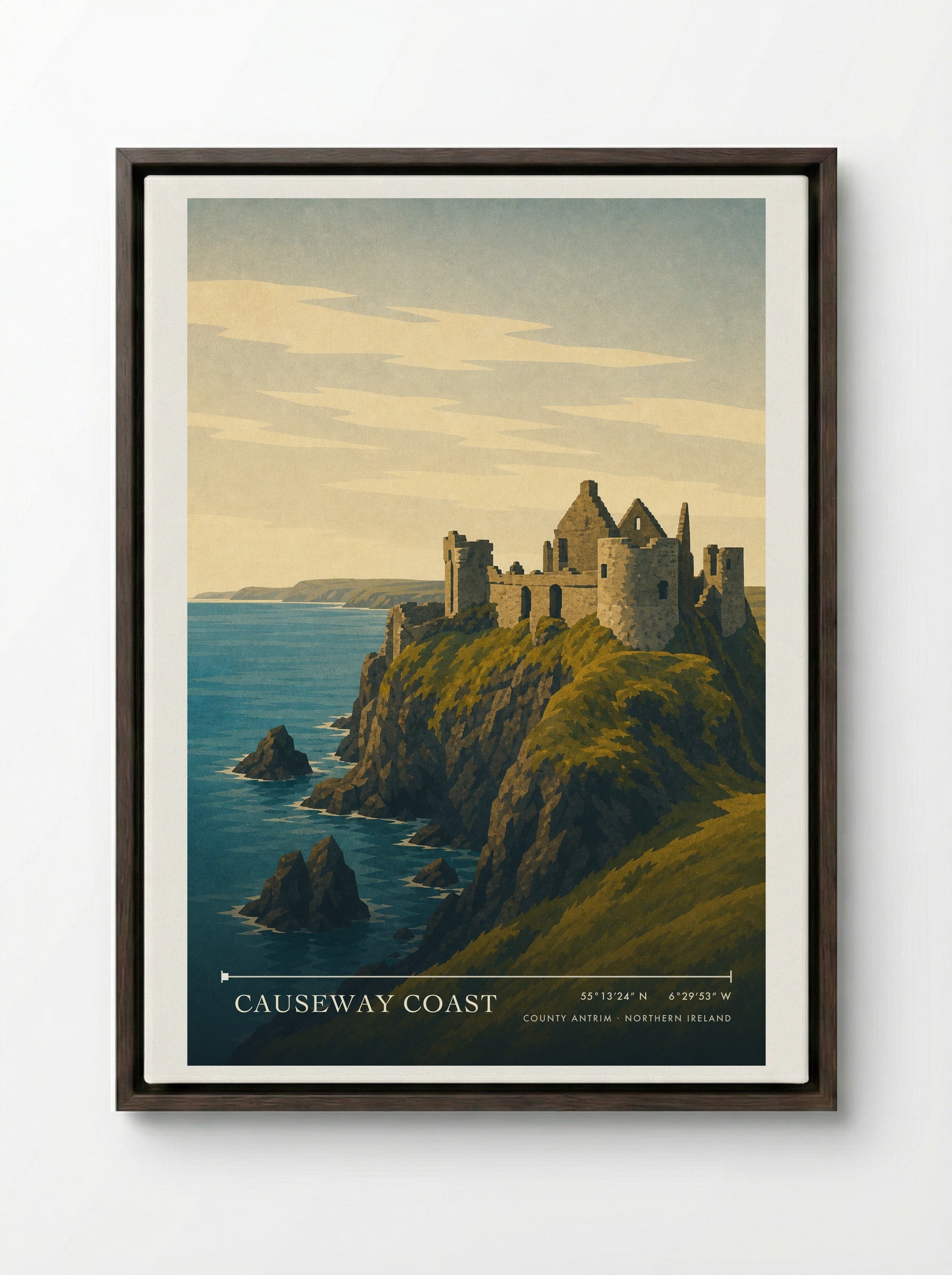 Causeway Coast Travel Poster Artwork - Framed Canvas Dark Wood