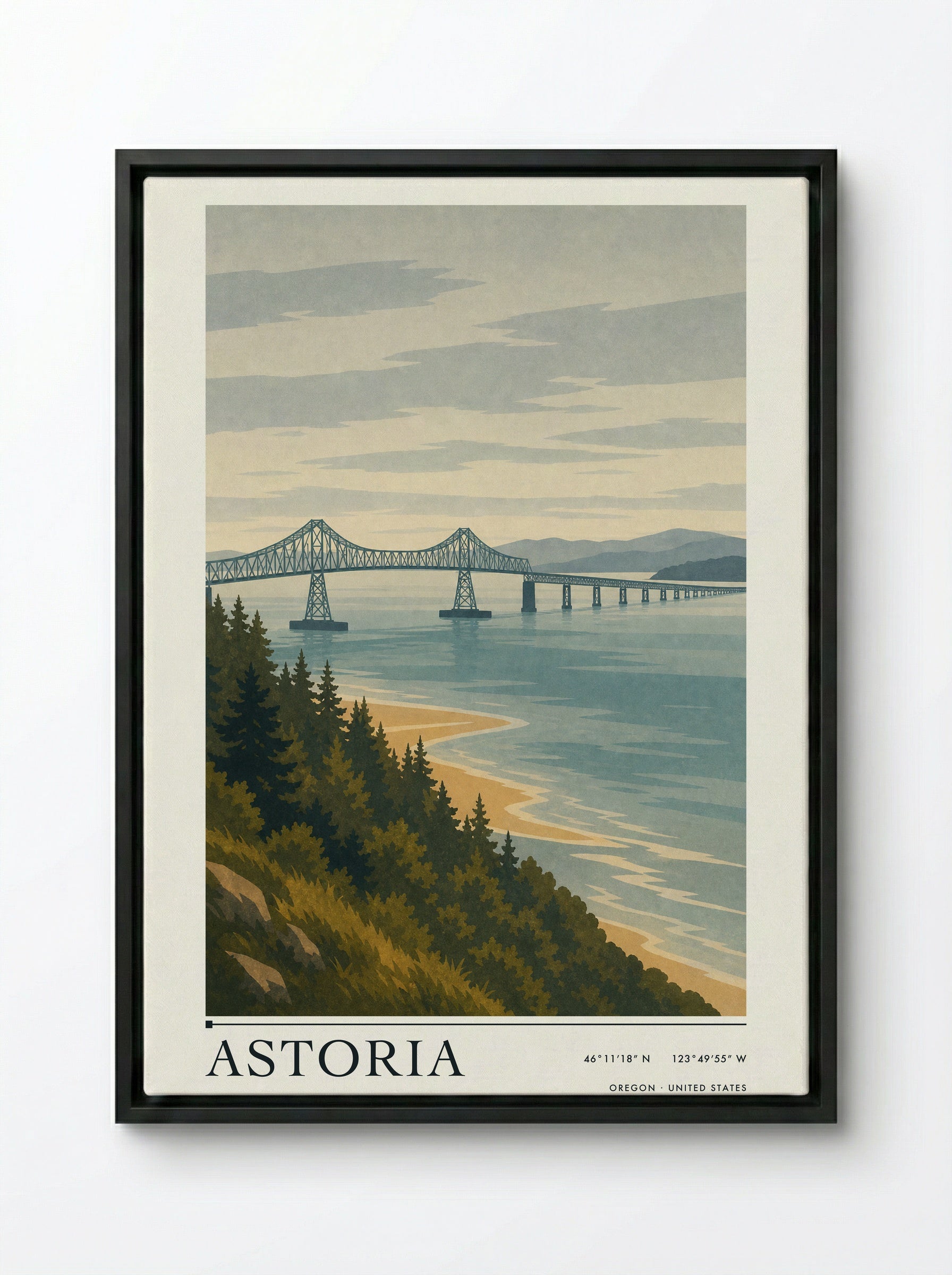 Astoria Travel Poster Artwork - Framed Canvas Black