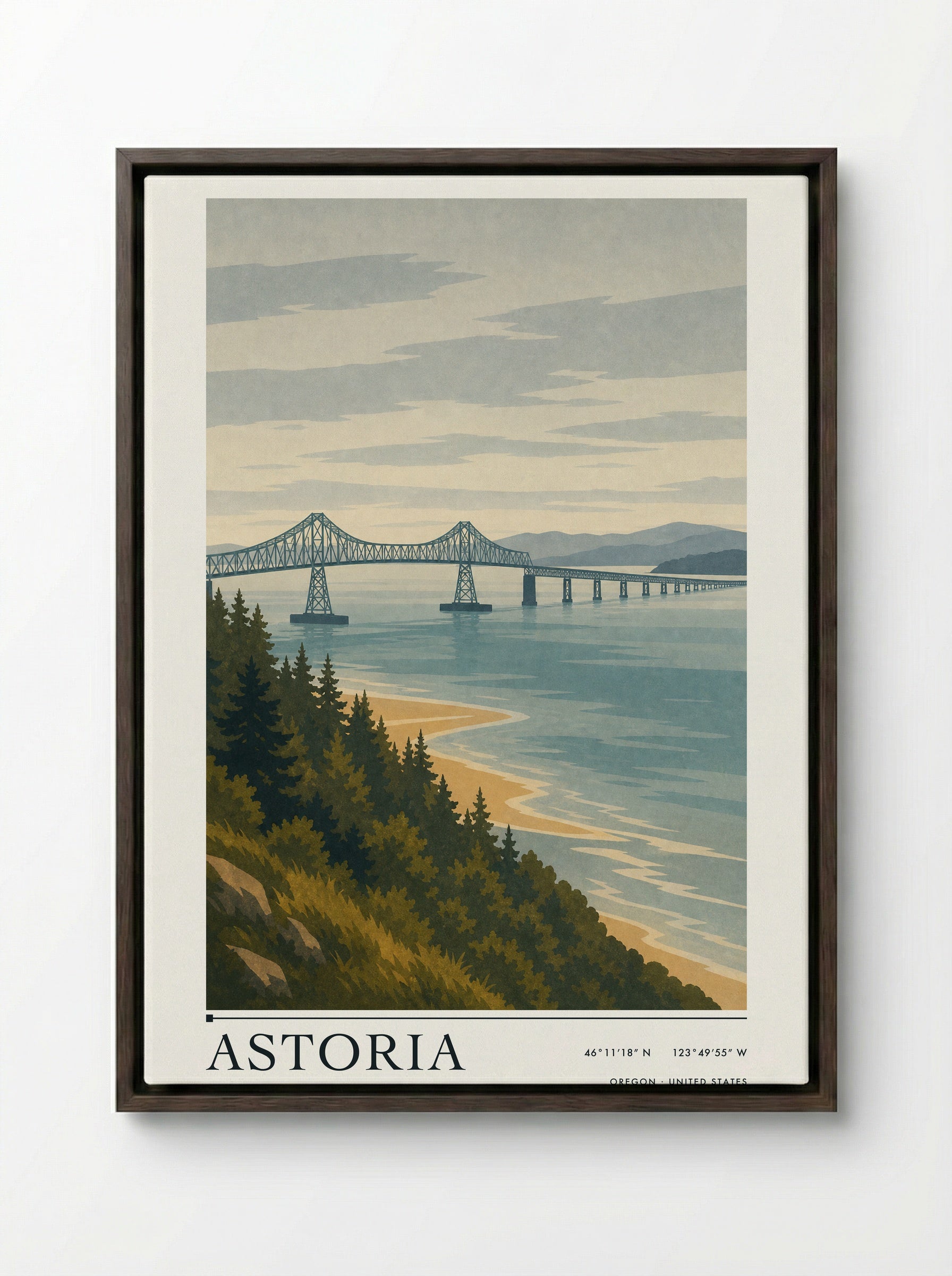Astoria Travel Poster Artwork - Framed Canvas Dark Wood
