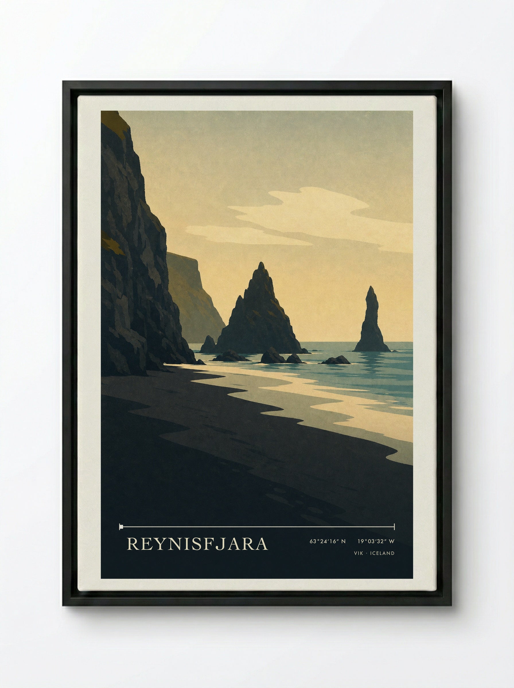 Reynisfjara Travel Poster Artwork - Framed Canvas Black