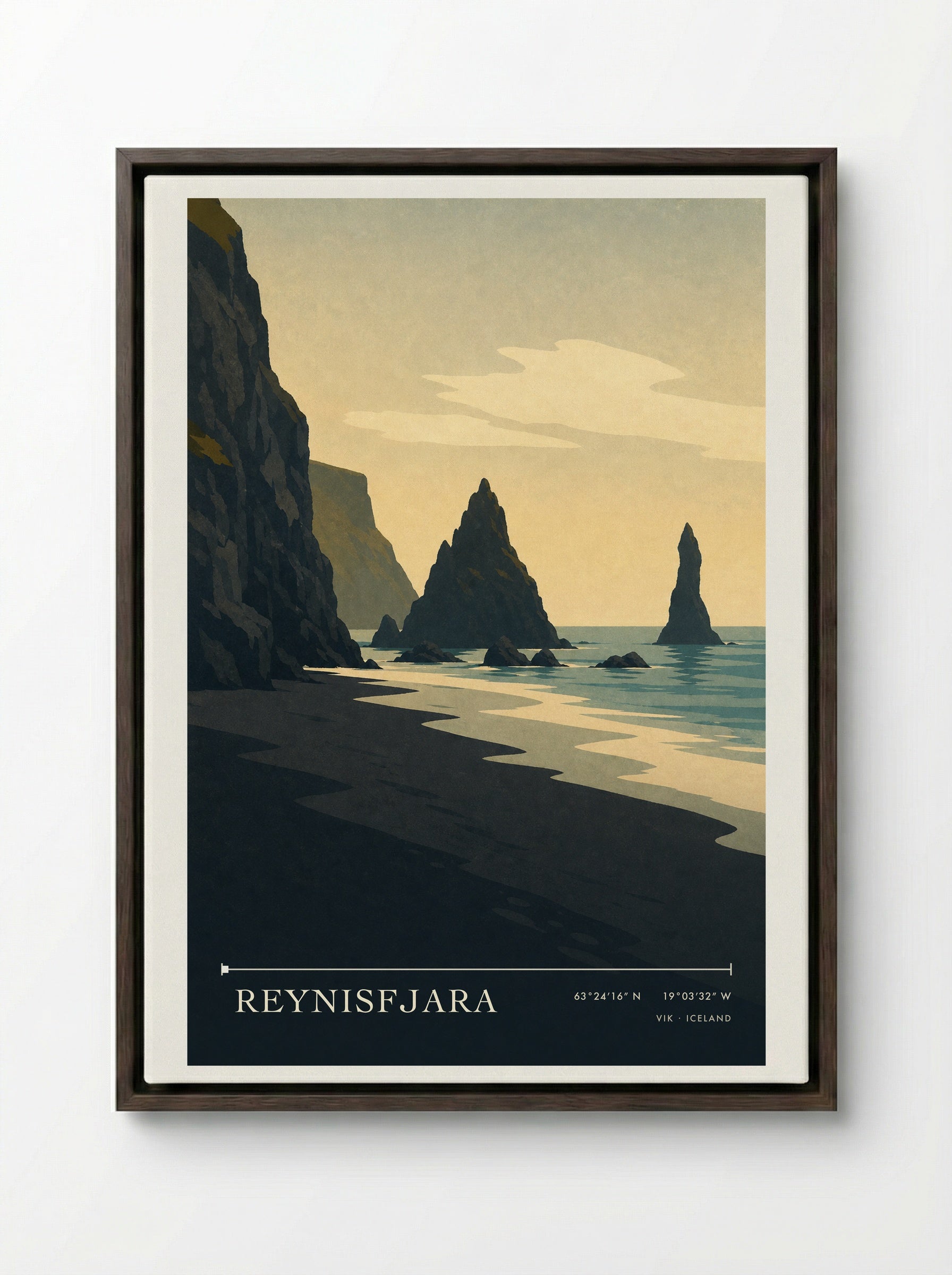 Reynisfjara Travel Poster Artwork - Framed Canvas Dark Wood