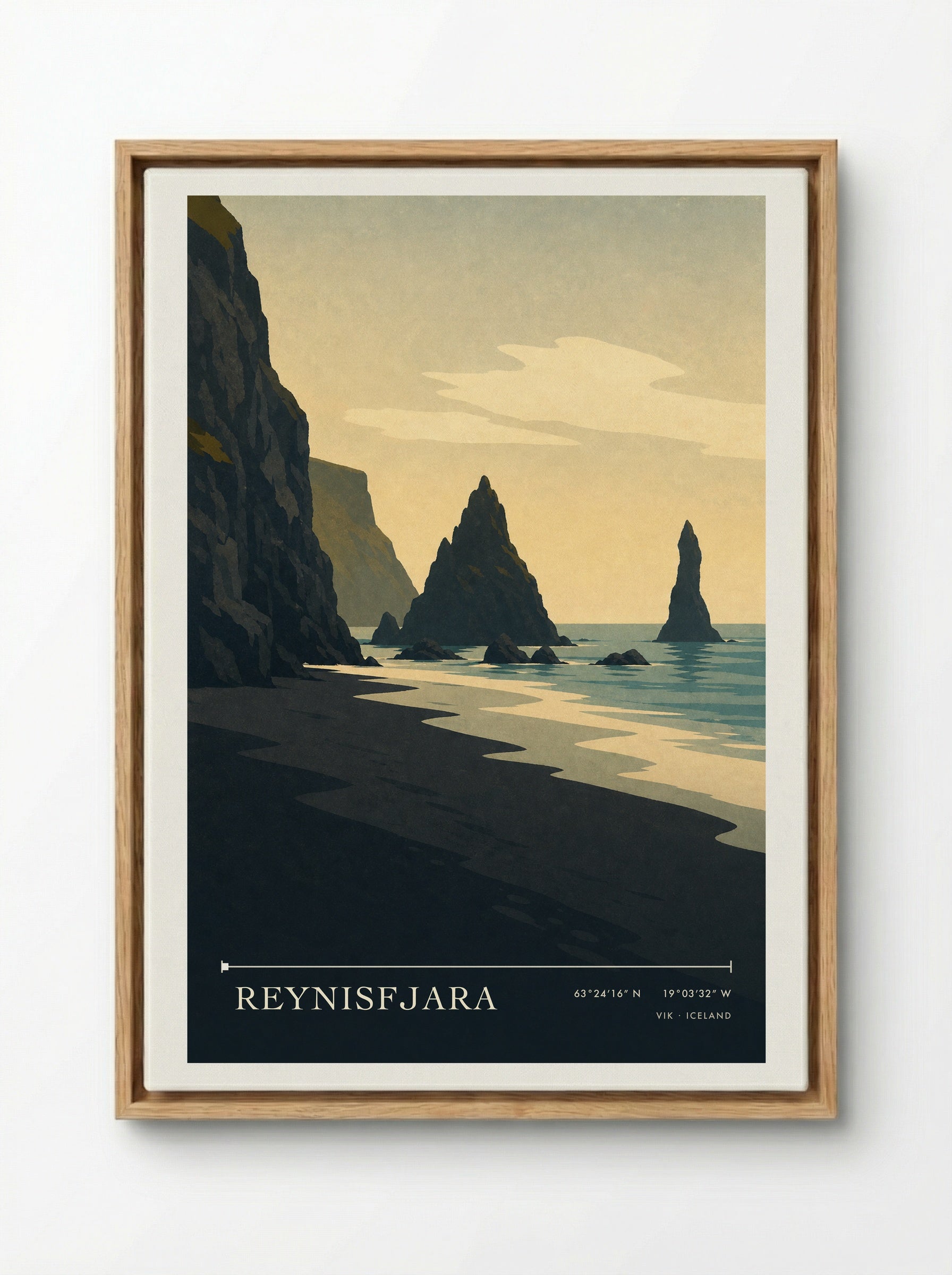 Reynisfjara Travel Poster Artwork - Framed Canvas Wood