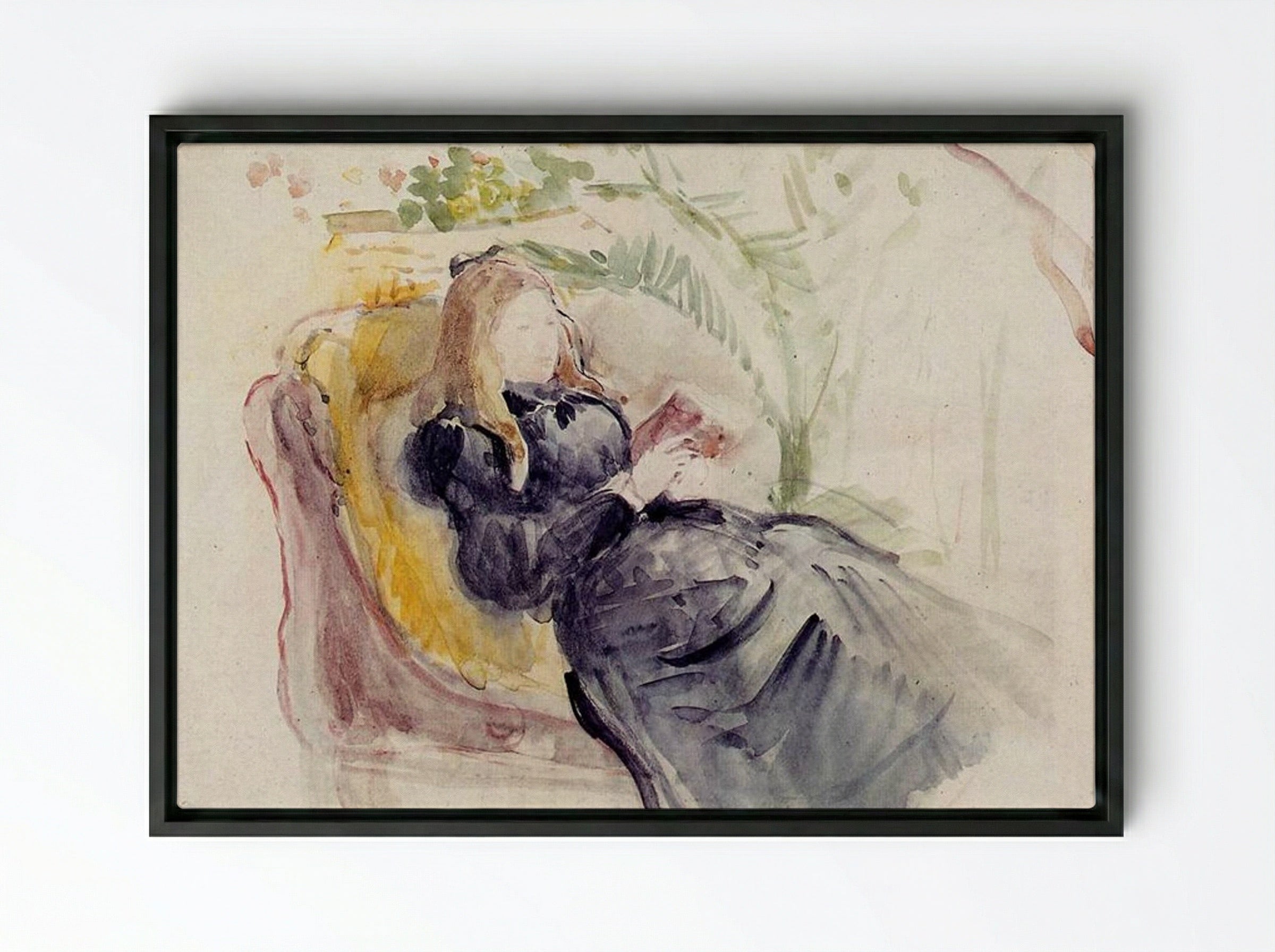 Julie Manet, Reading in a Chaise Lounge - Berthe Morisot - Framed Canvas Black