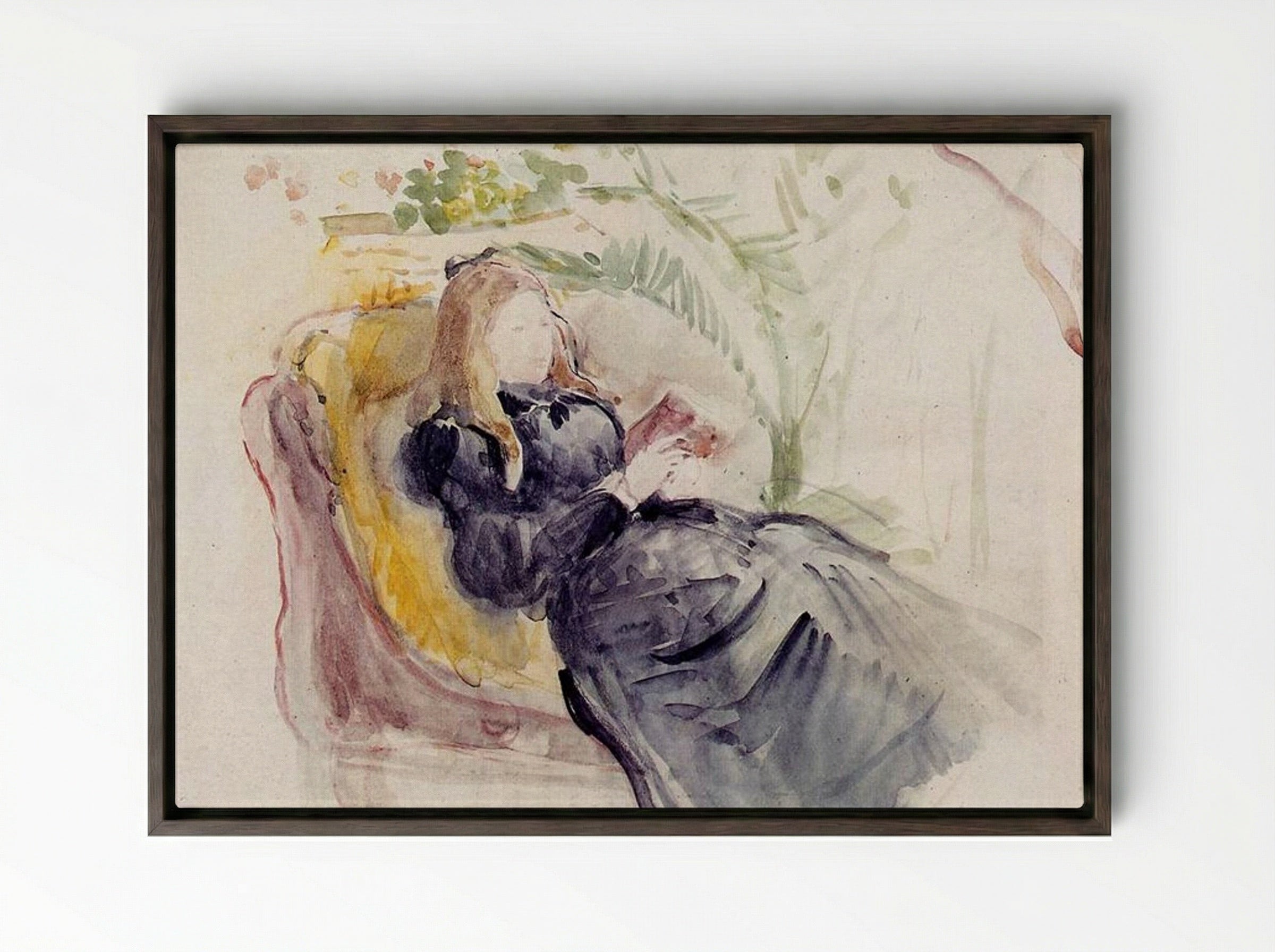 Julie Manet, Reading in a Chaise Lounge - Berthe Morisot - Framed Canvas Dark Wood