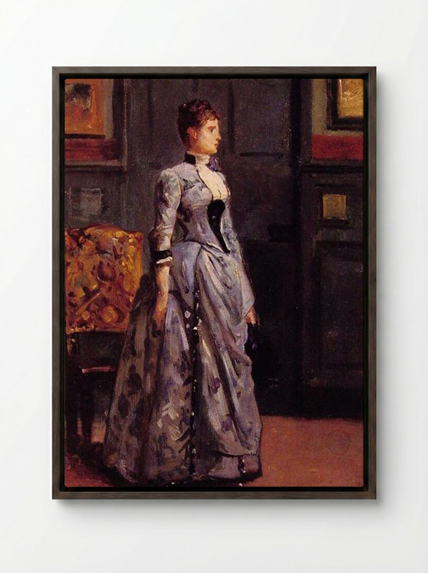 Portrait of a Woman in Blue - Alfred Stevens - Framed Canvas Dark Wood