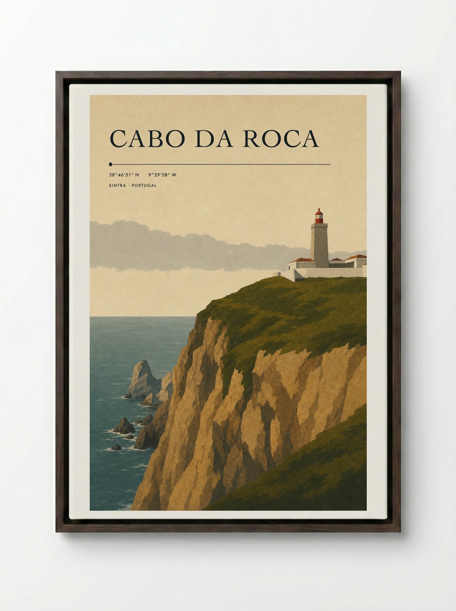 Cabo da Roca Travel Poster Artwork - Framed Canvas Dark Wood