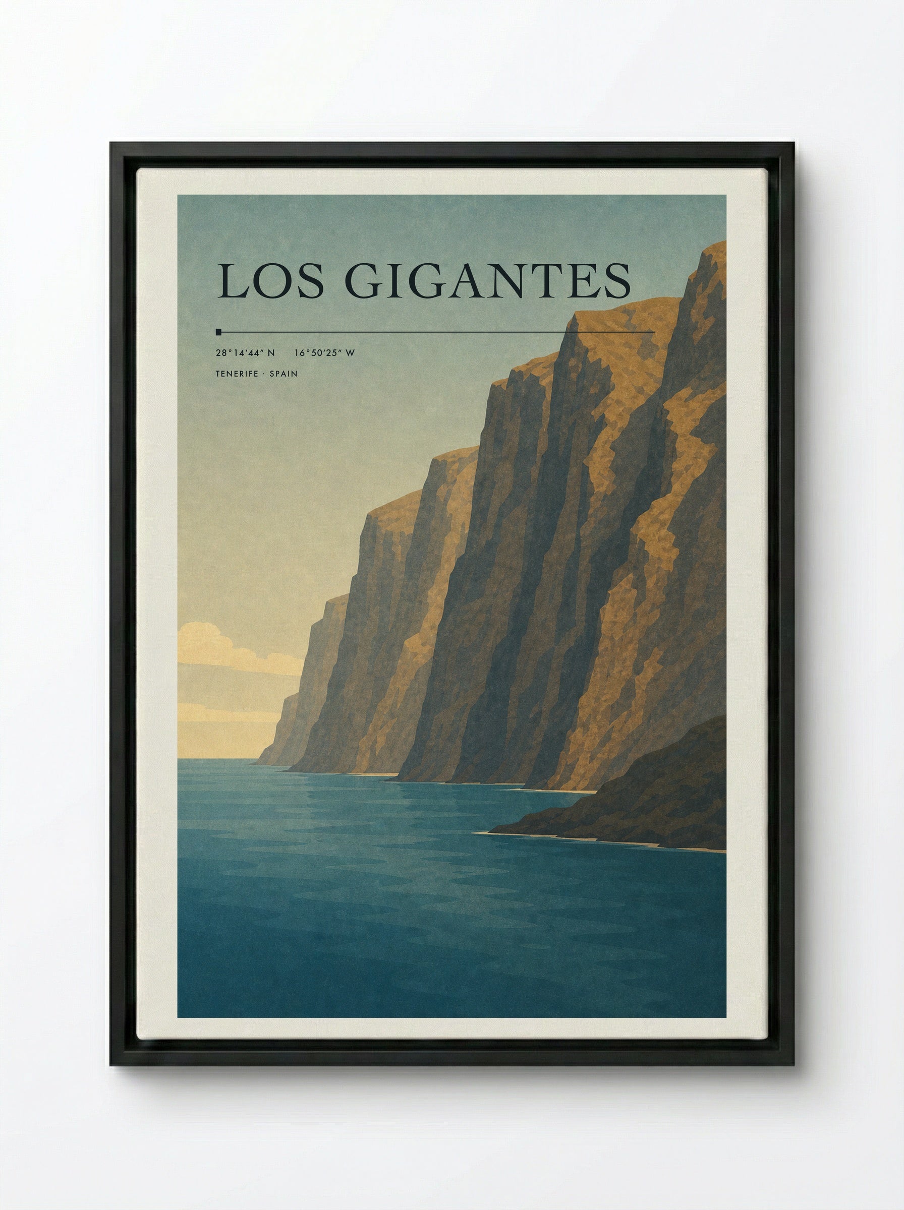 Los Gigantes Travel Poster Artwork - Framed Canvas Black