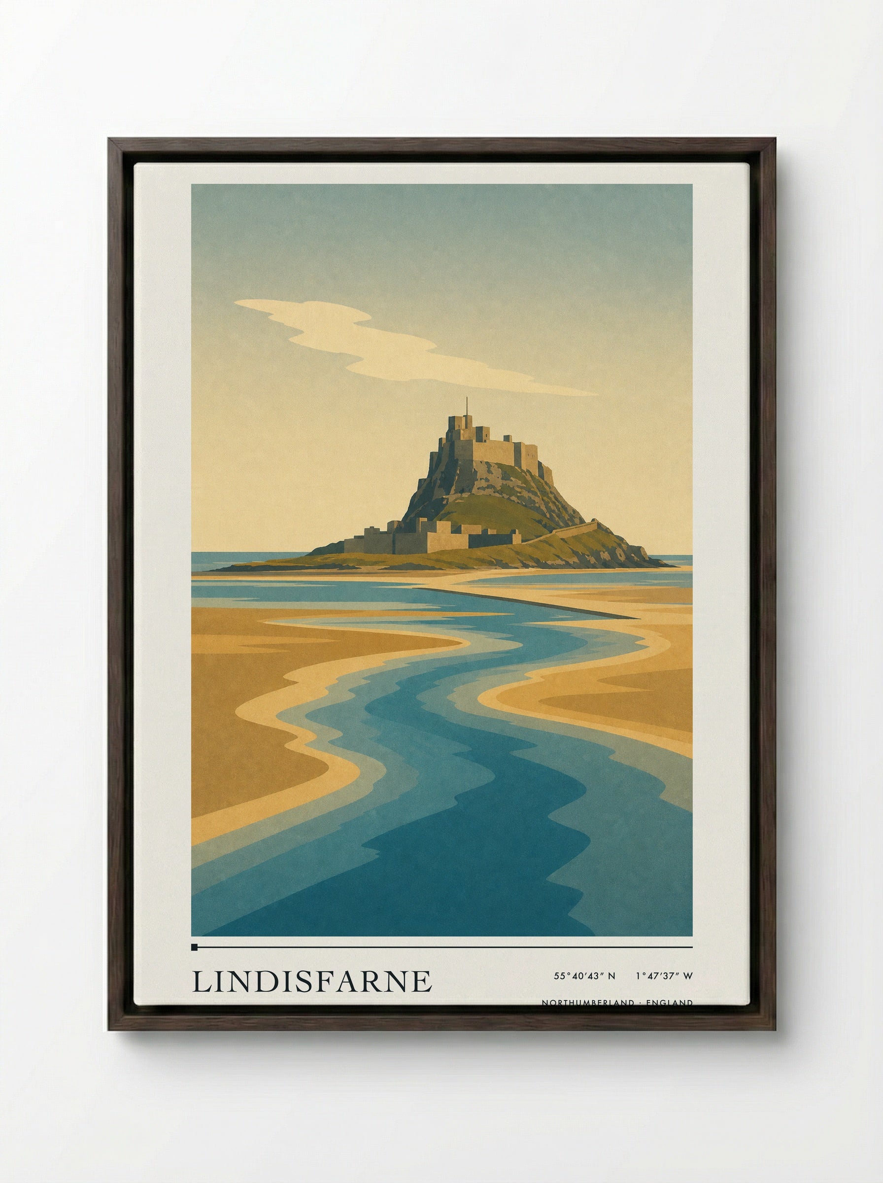 Lindisfarne Travel Poster Artwork - Framed Canvas Dark Wood