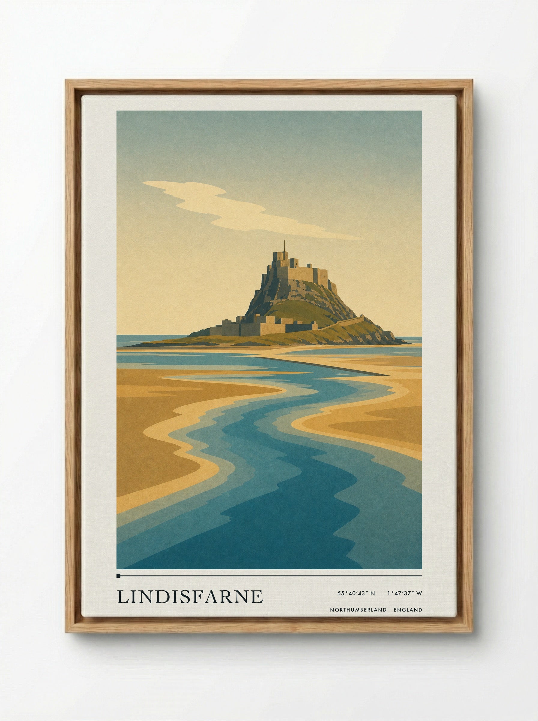 Lindisfarne Travel Poster Artwork - Framed Canvas Wood