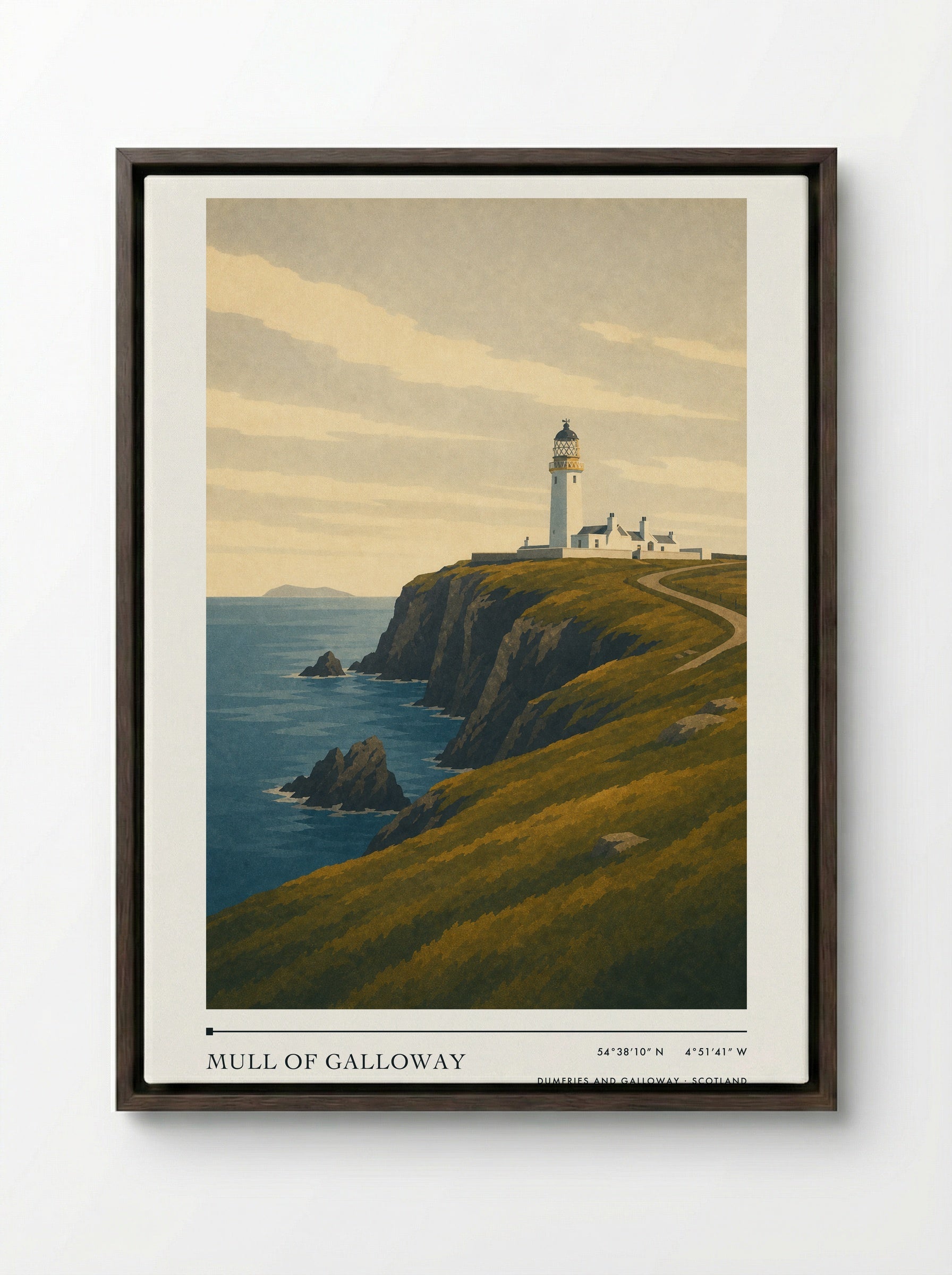 Mull of Galloway Travel Poster - Framed Canvas Dark Wood